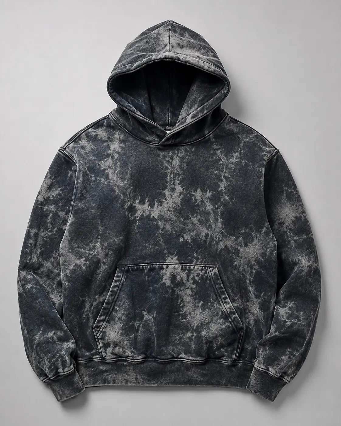 Acid wash hoodies with irregular fading and high contrast wash effect