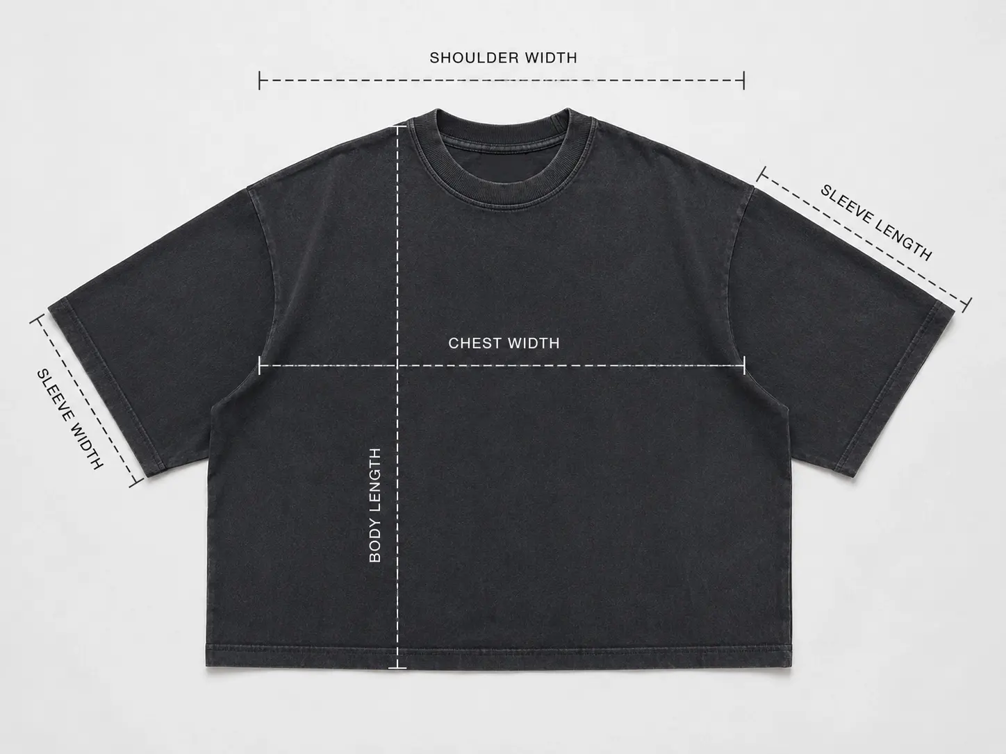 Boxy fit oversized T-shirt measurement diagram with chest width and body length