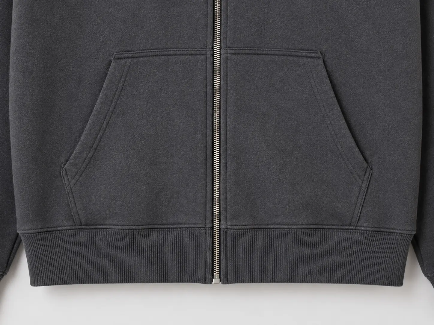 Split kangaroo pocket symmetry on custom zip-up hoodie