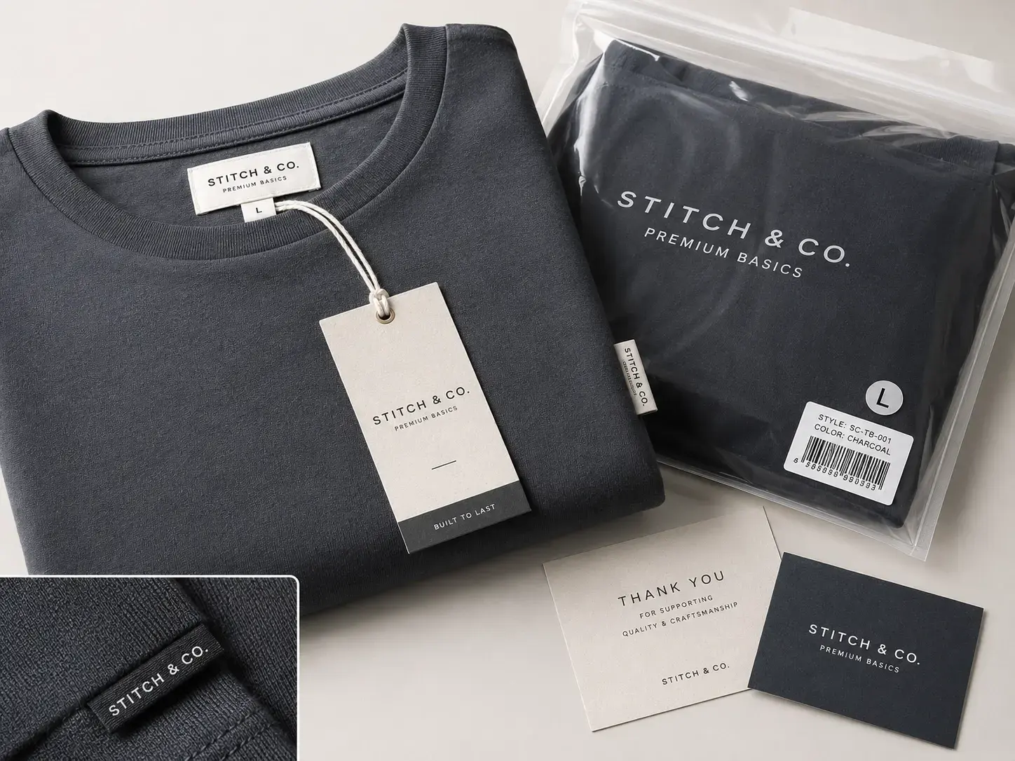 Private label blank T-shirts with custom labels and packaging
