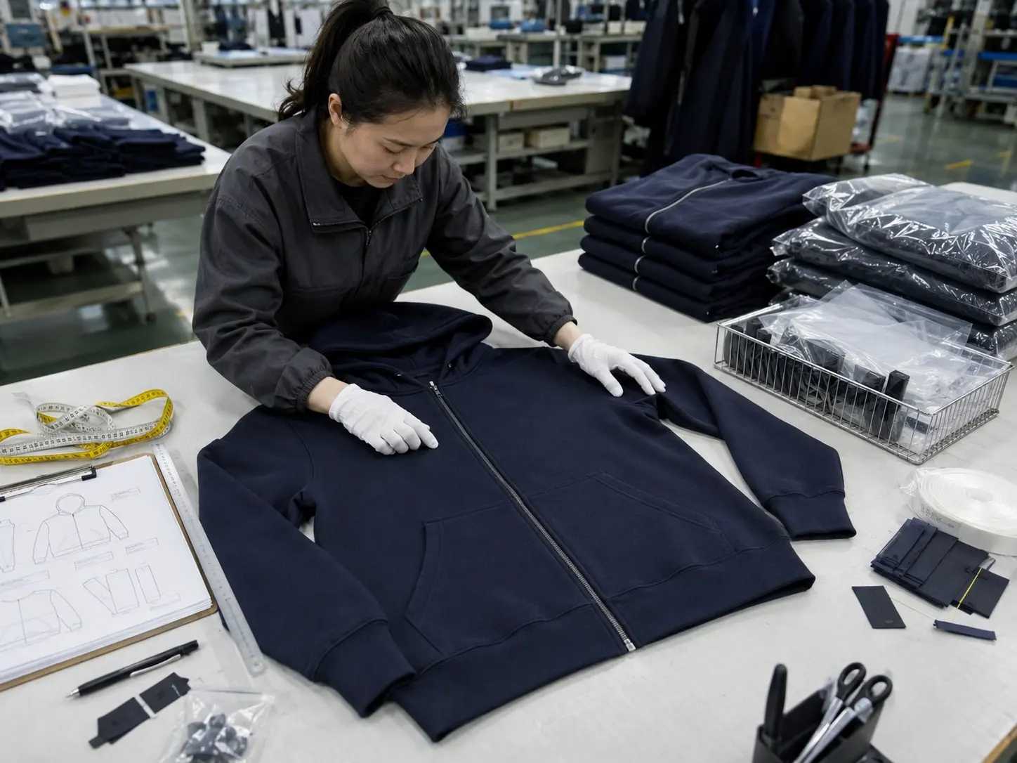 Quality control inspection for custom zip-up hoodie production