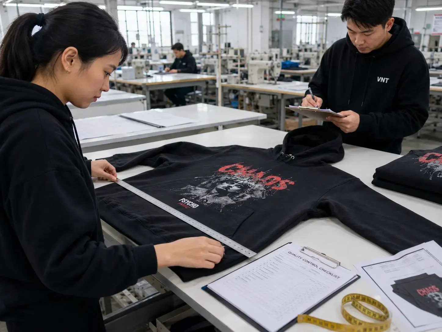 Quality control inspection for custom graphic hoodie production