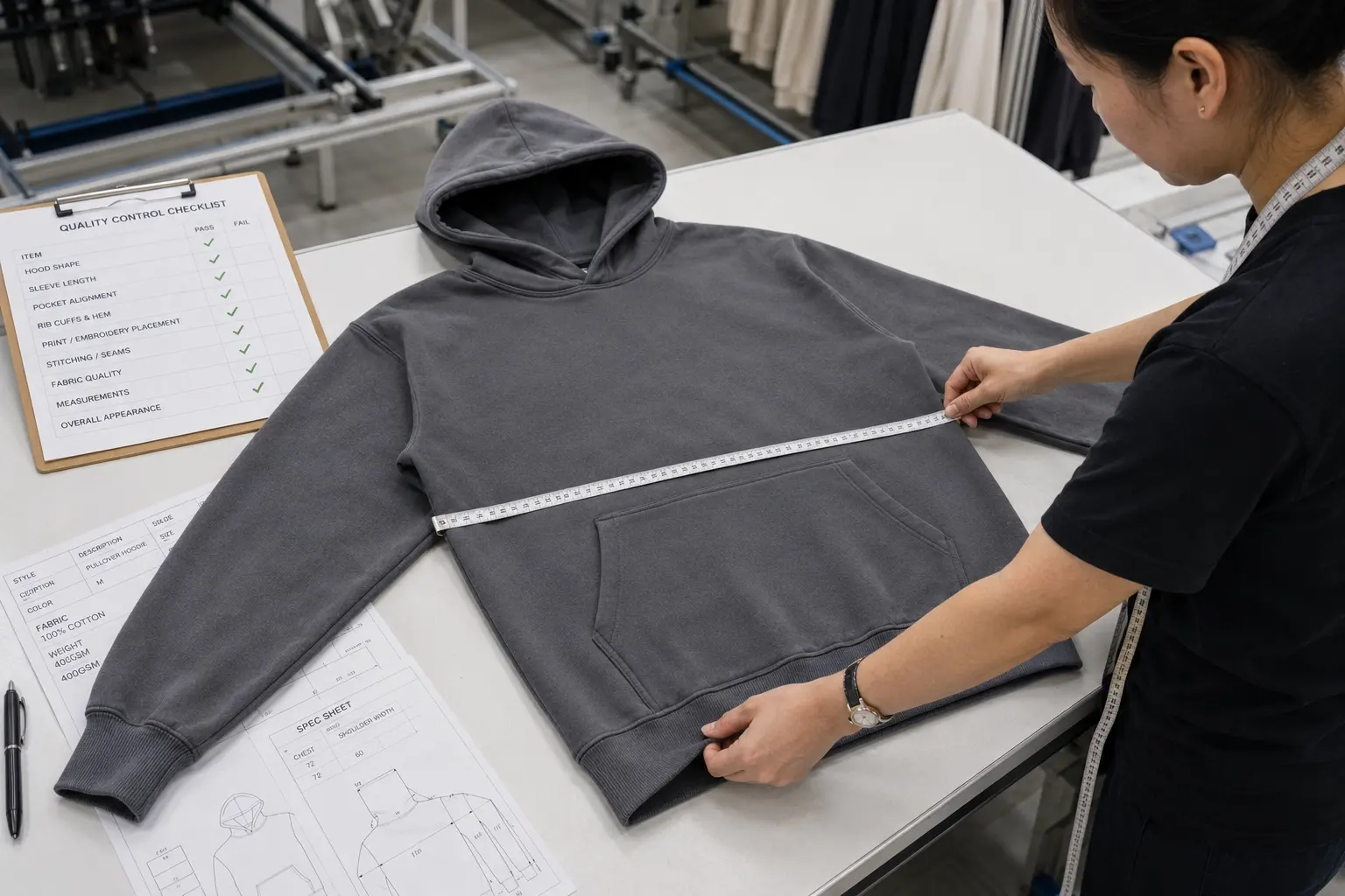 Quality control inspection for custom pullover hoodie production