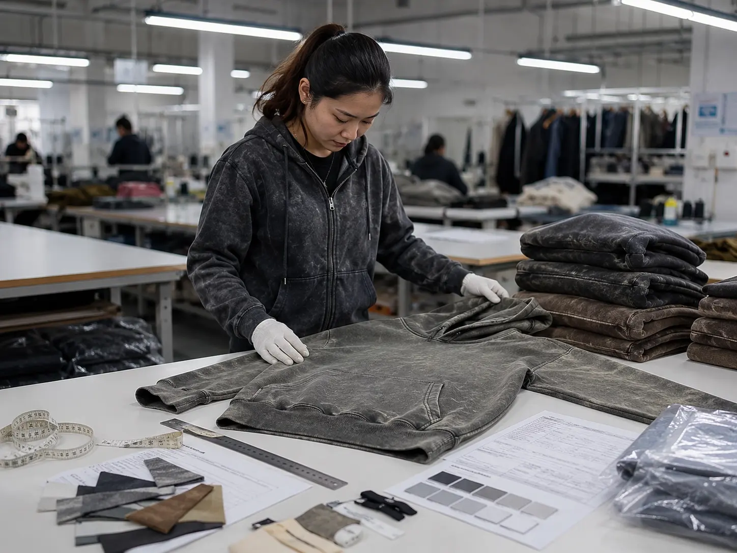 Shrinkage and quality control inspection for washed hoodie production