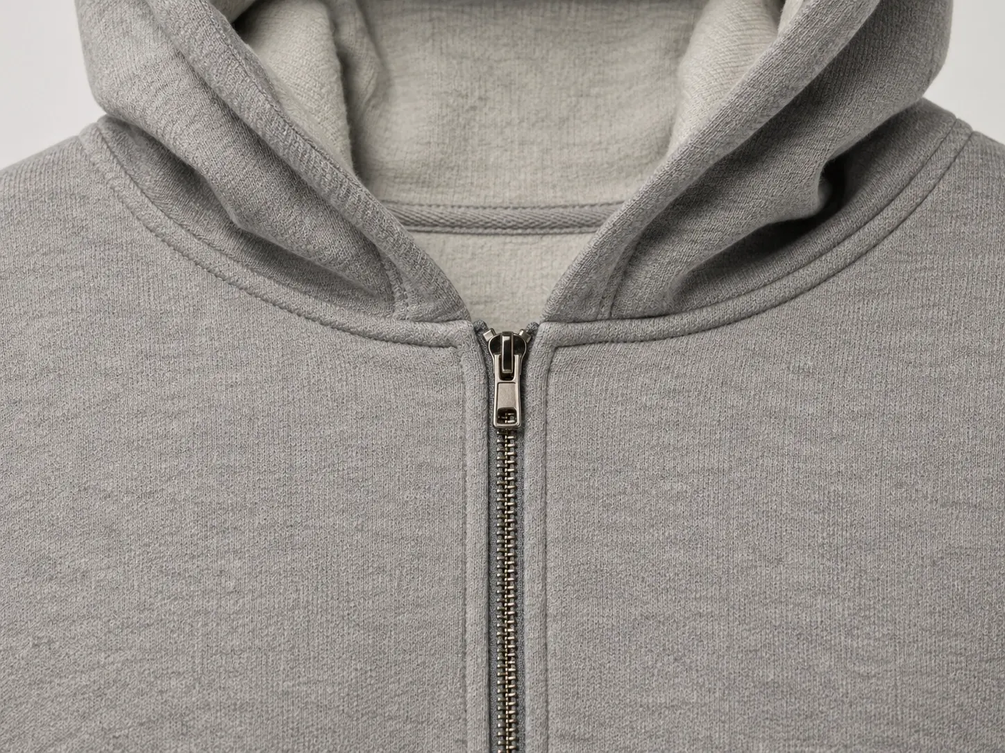 Zipper and front placket detail for custom zip-up hoodie production