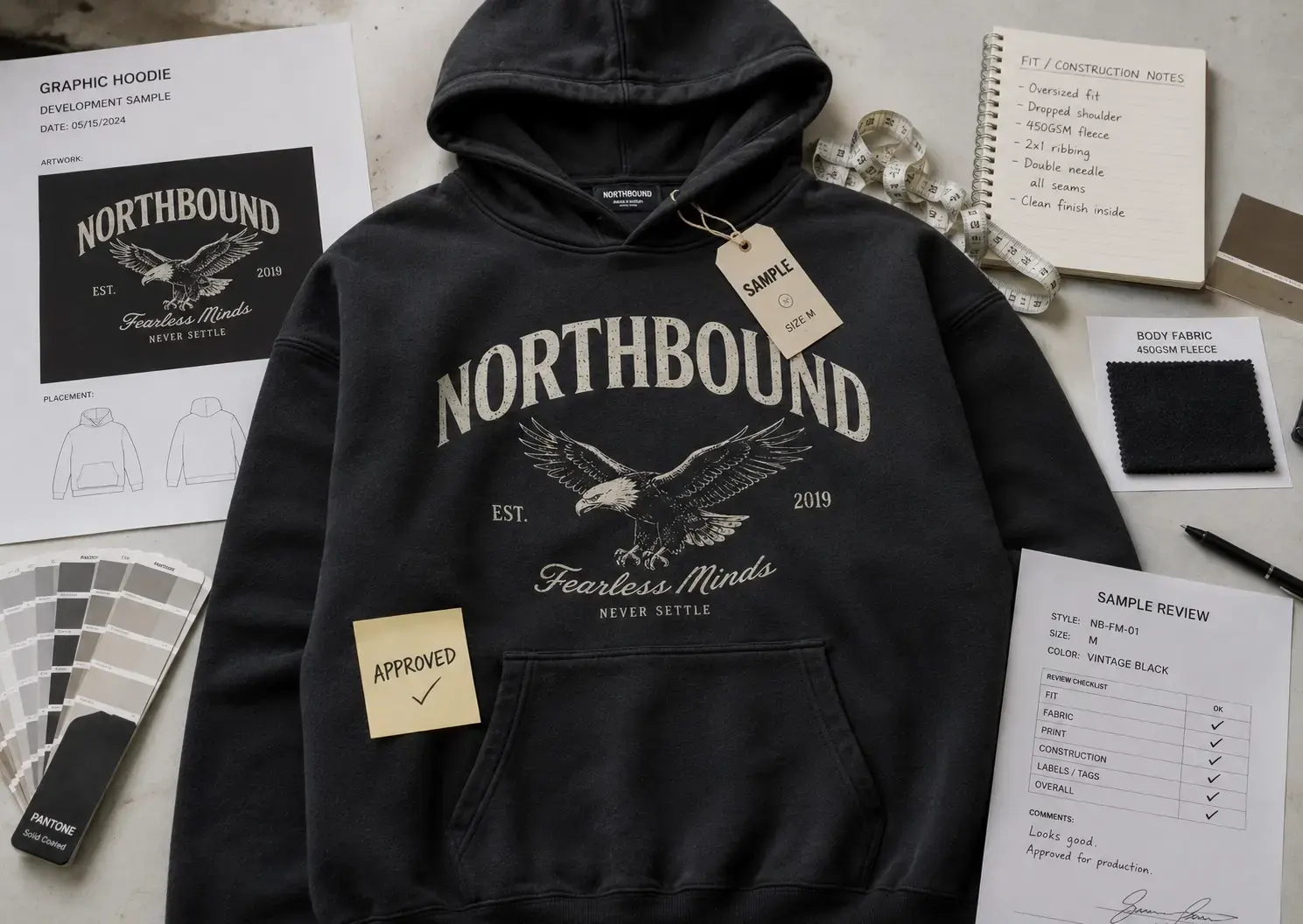 Graphic hoodie sample approval with artwork proof and color reference