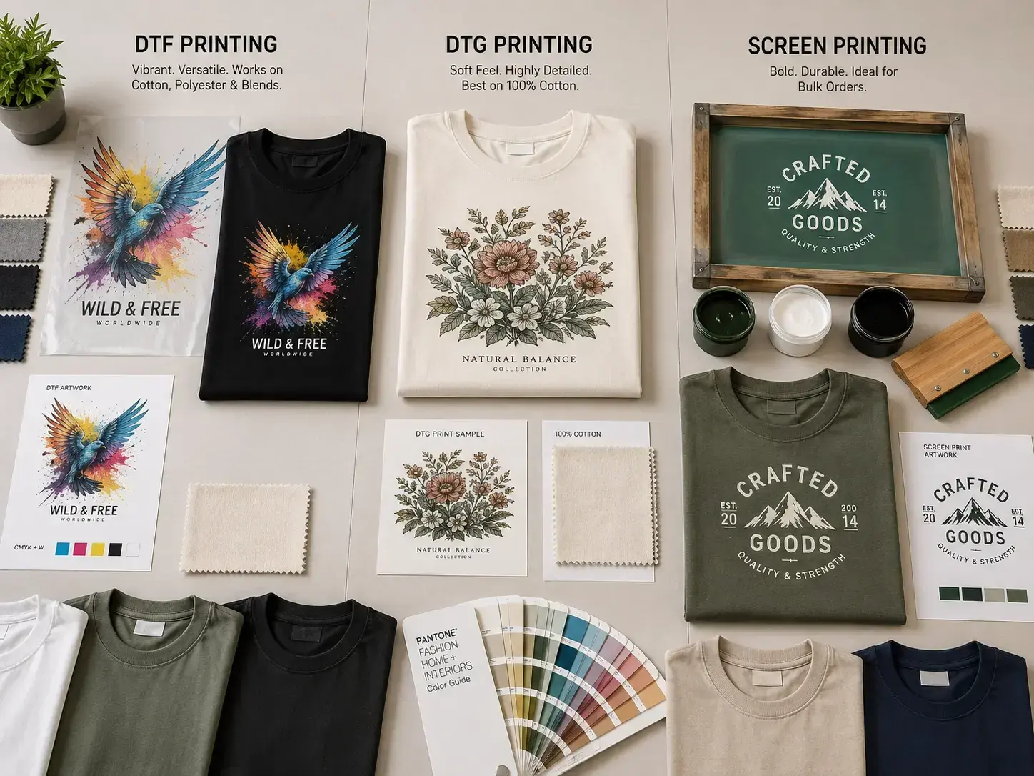 Comparison of DTF, DTG, and screen printing methods for custom T-shirt production