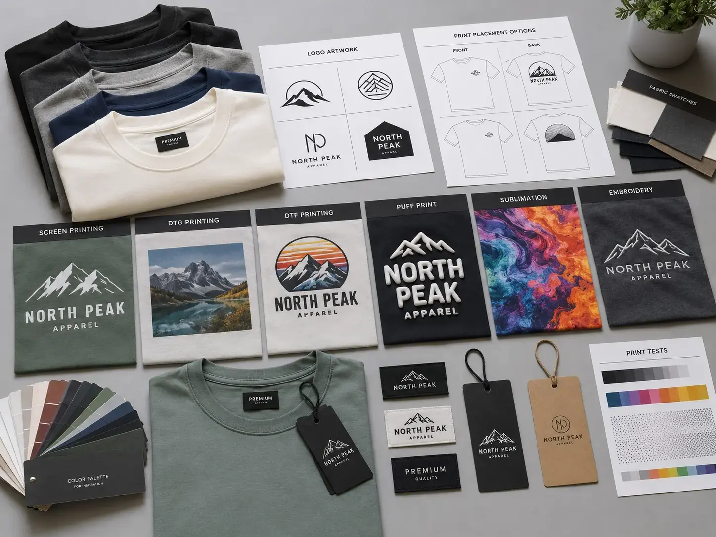 Custom T-shirt printing and embroidery options including screen printing, DTF, puff print, and embroidery