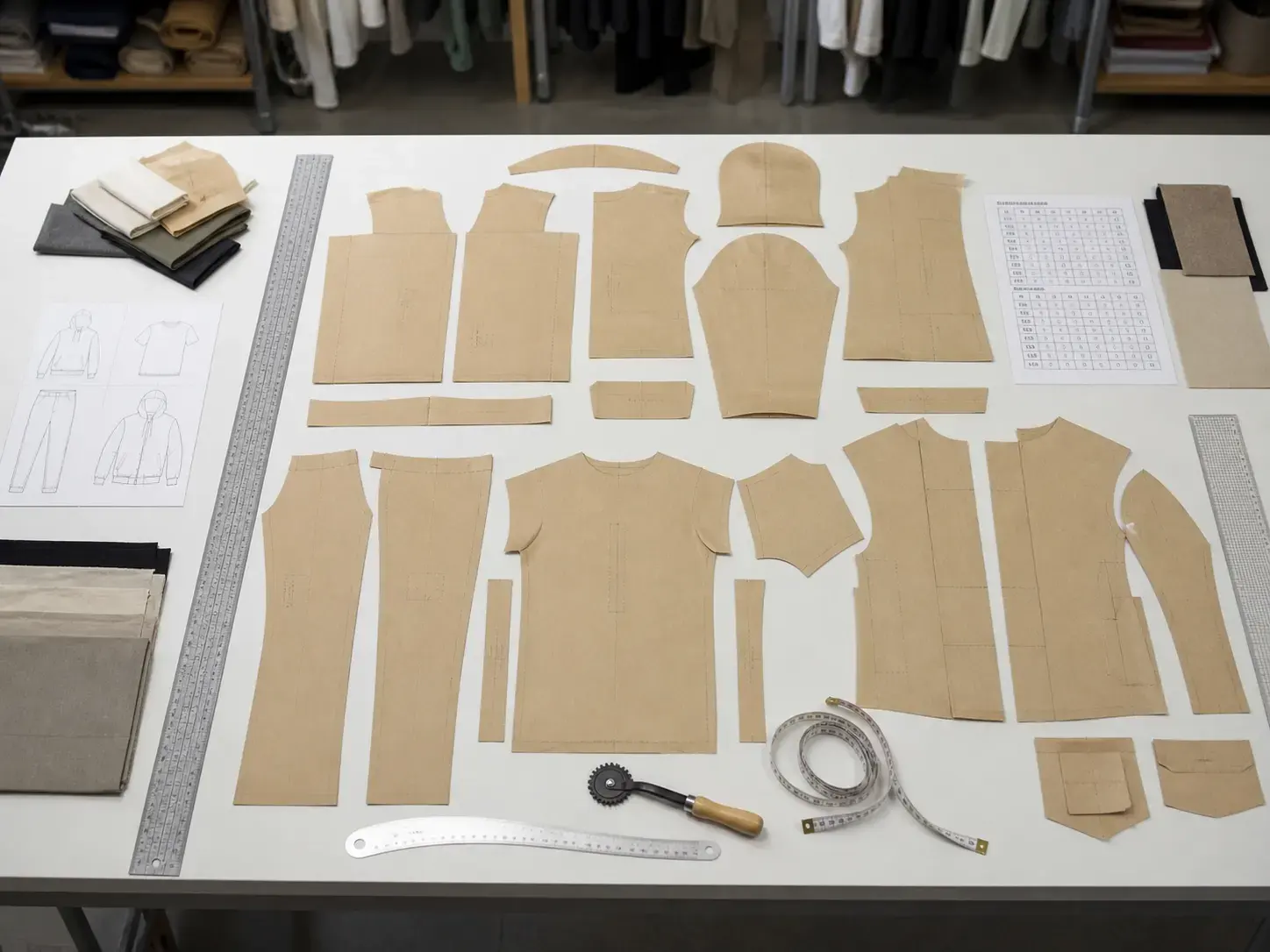 Pattern making for custom clothing production with paper patterns, measurement tools, and garment development documents