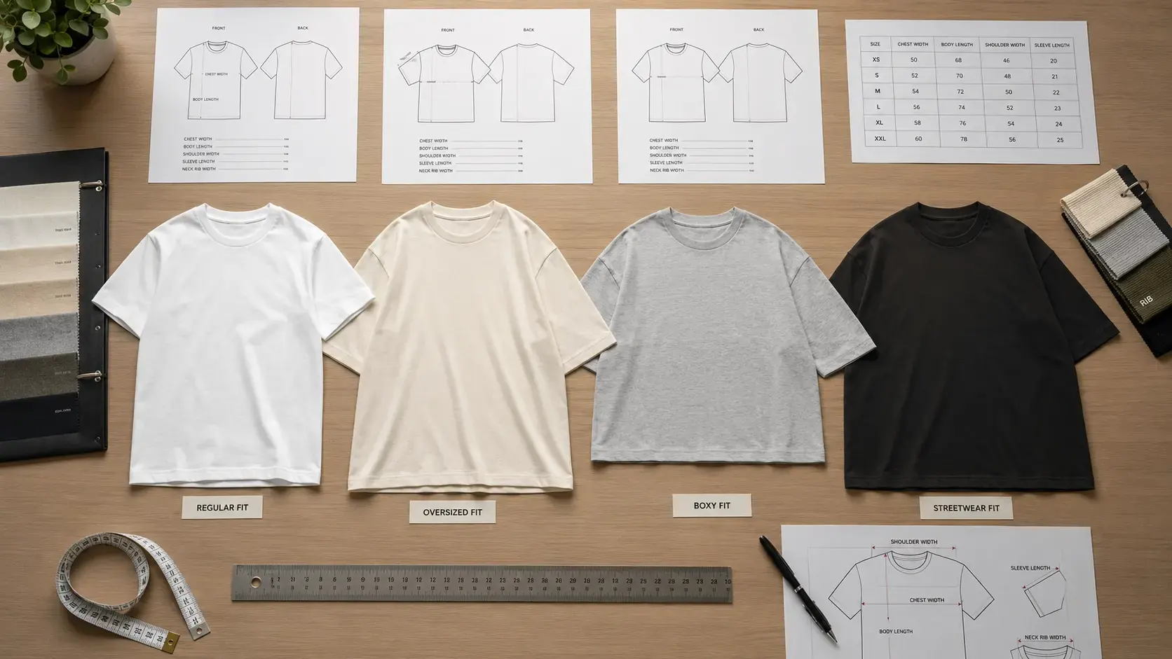 Custom T-shirt fit comparison showing regular fit, oversized fit, boxy fit, and streetwear fit