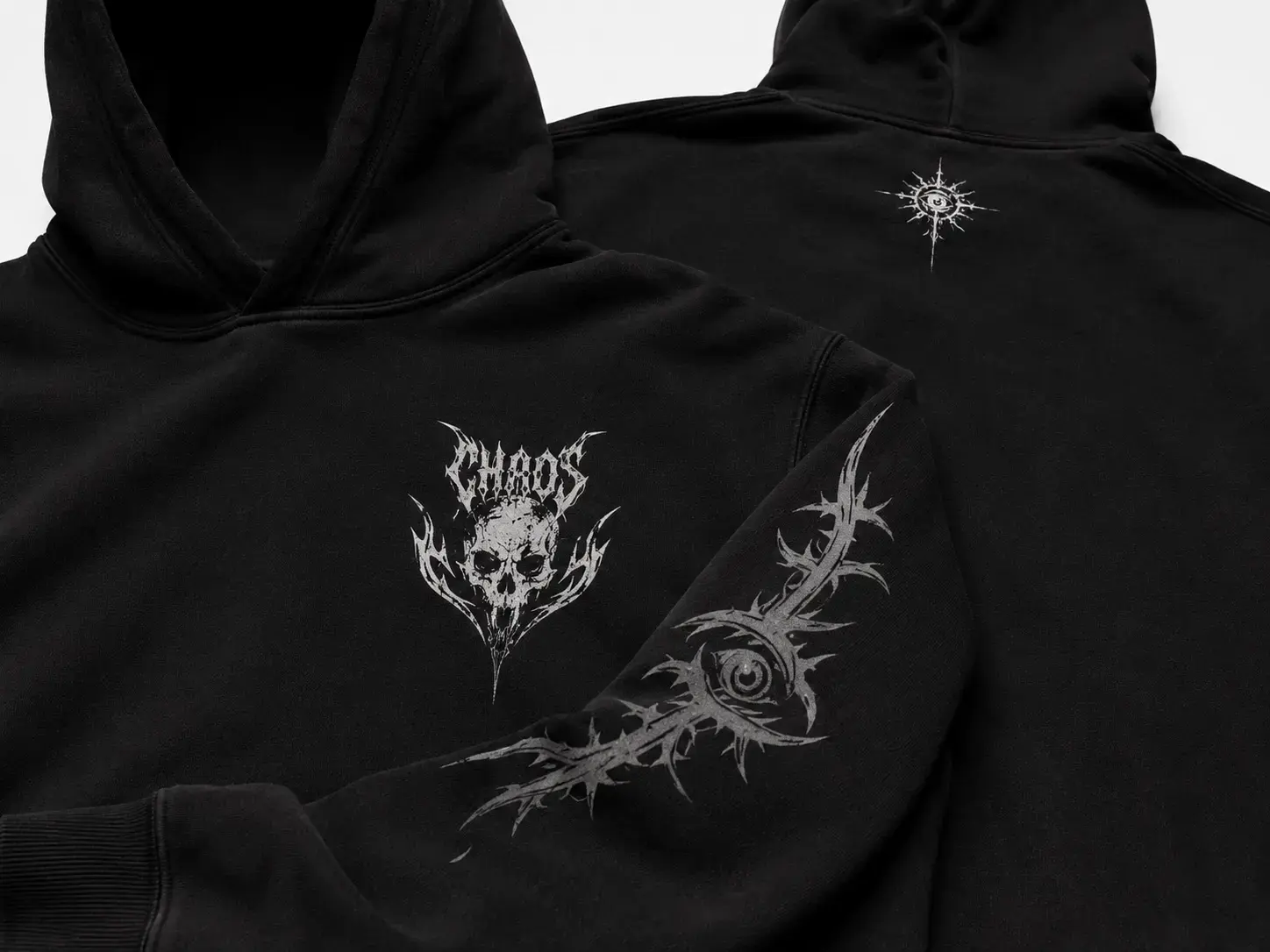 Multi-placement artwork on custom graphic hoodie including sleeve and chest print