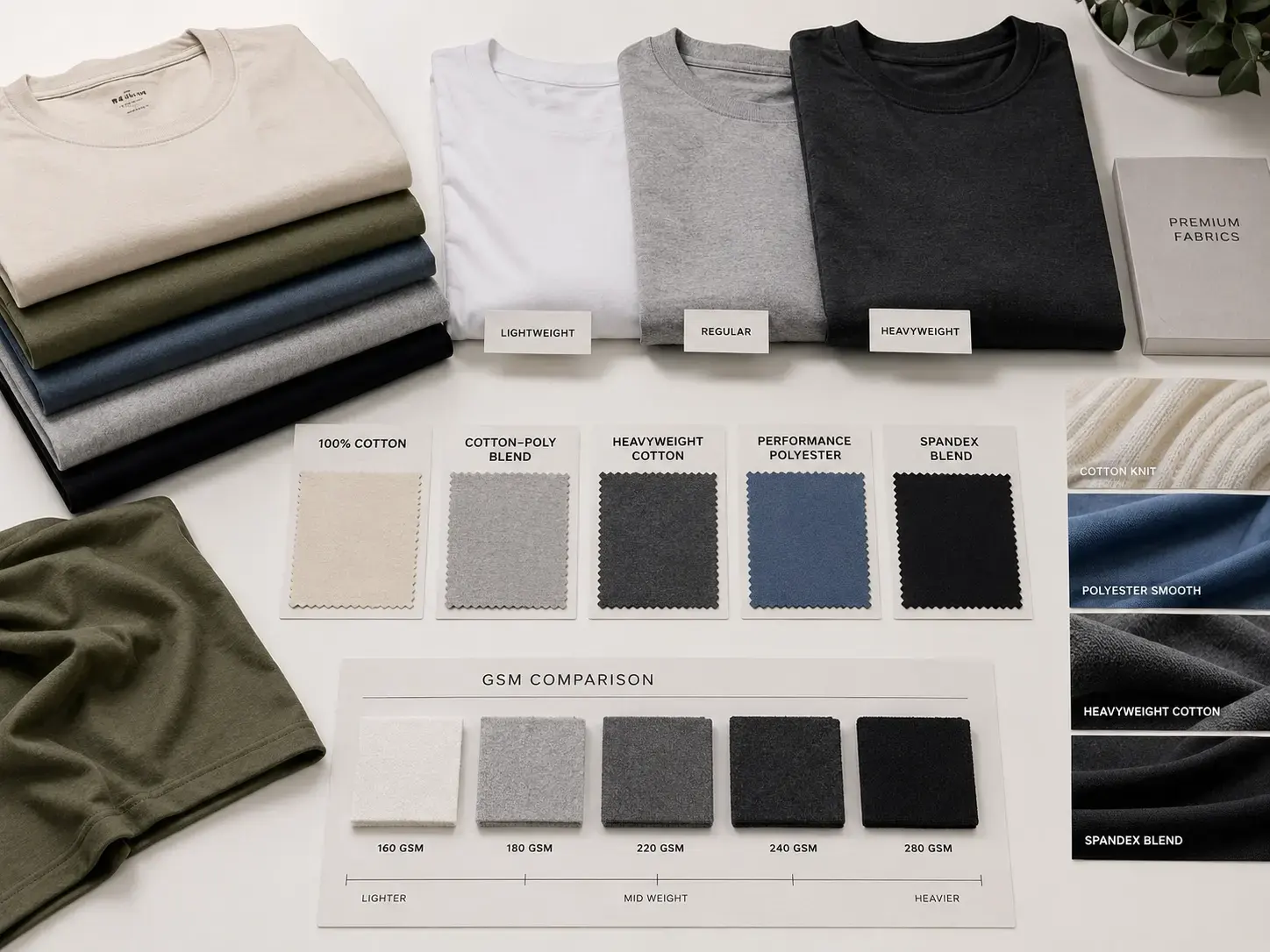 Custom T-shirt fabric options including cotton, heavyweight cotton, polyester, and GSM comparison