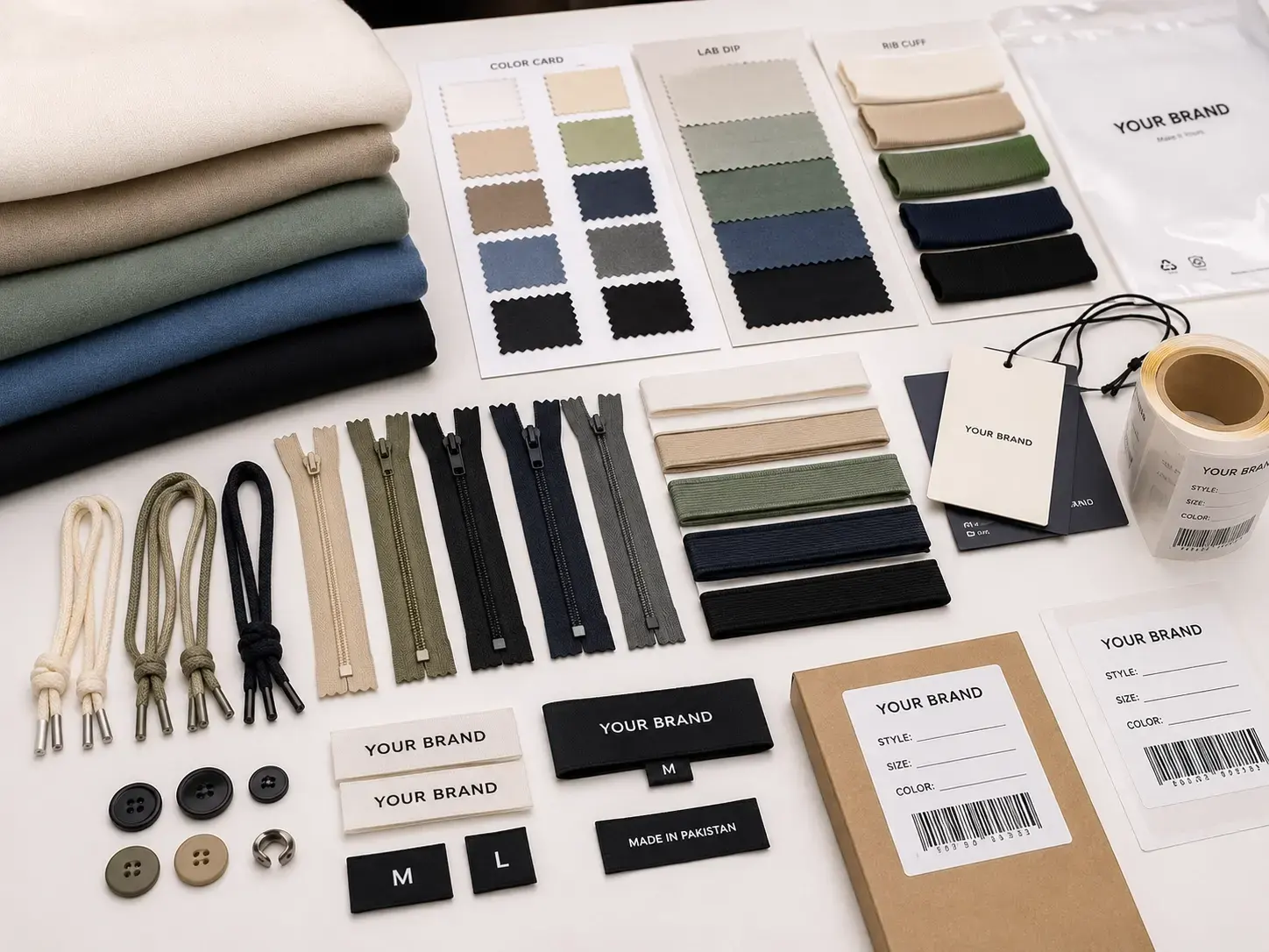 Fabric and trim sourcing for custom clothing production including fabric swatches, labels, trims, and packaging materials