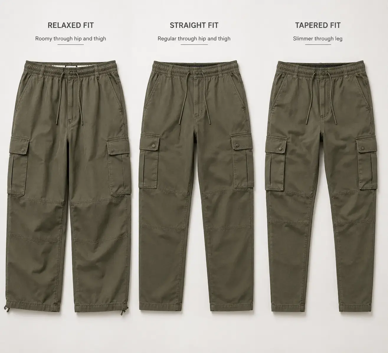 Cargo pants fit options including relaxed fit straight fit and tapered fit