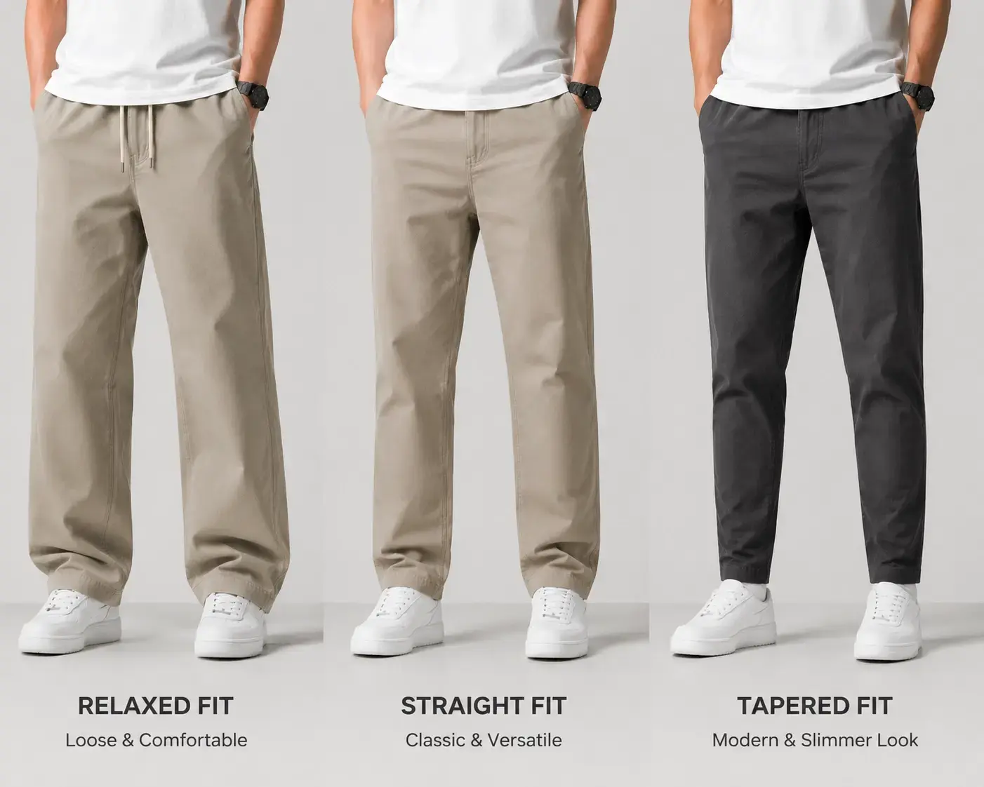 Casual pants fit options including relaxed straight and tapered fit