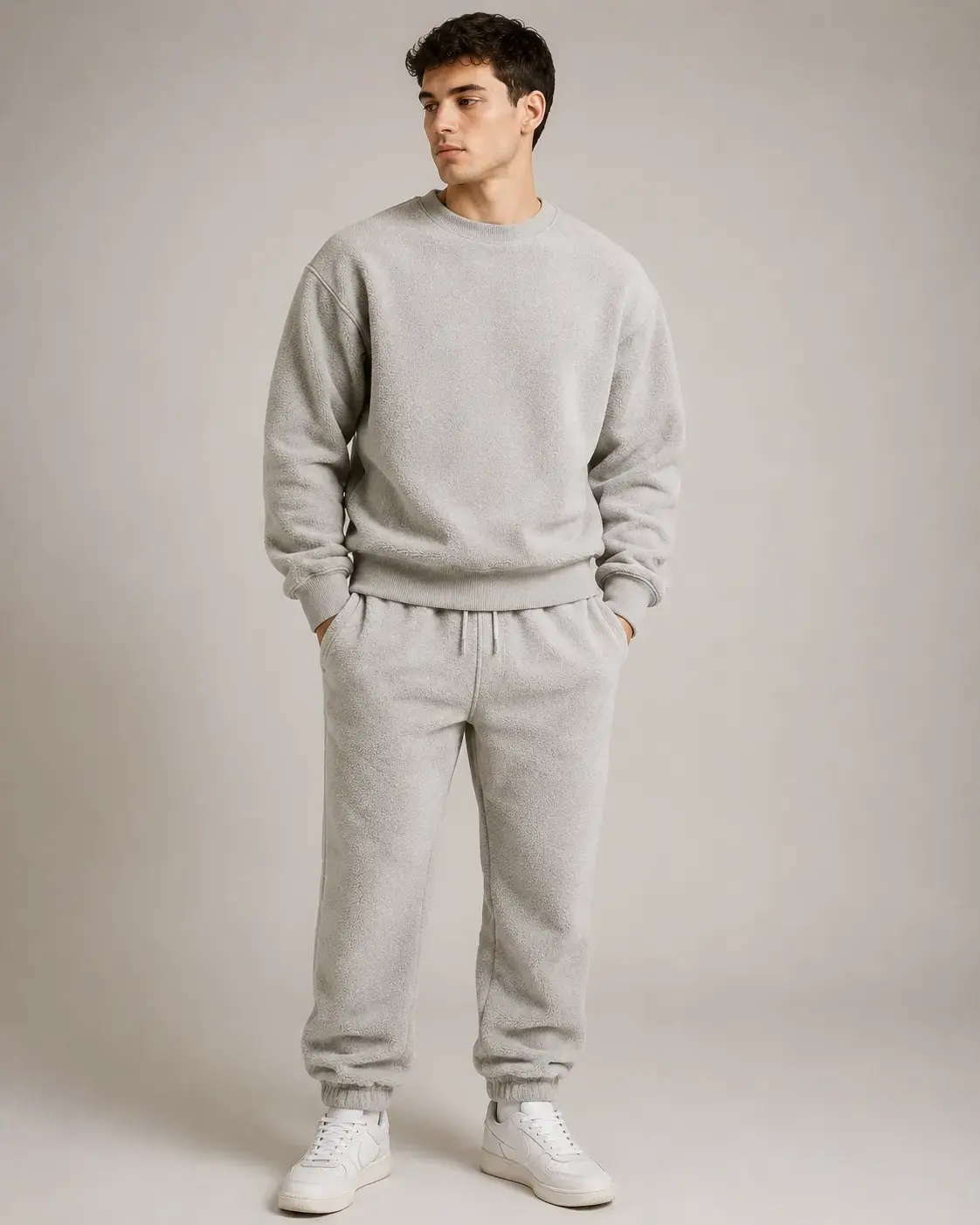 Fleece sweatshirt set with warm fabric and rib trim details