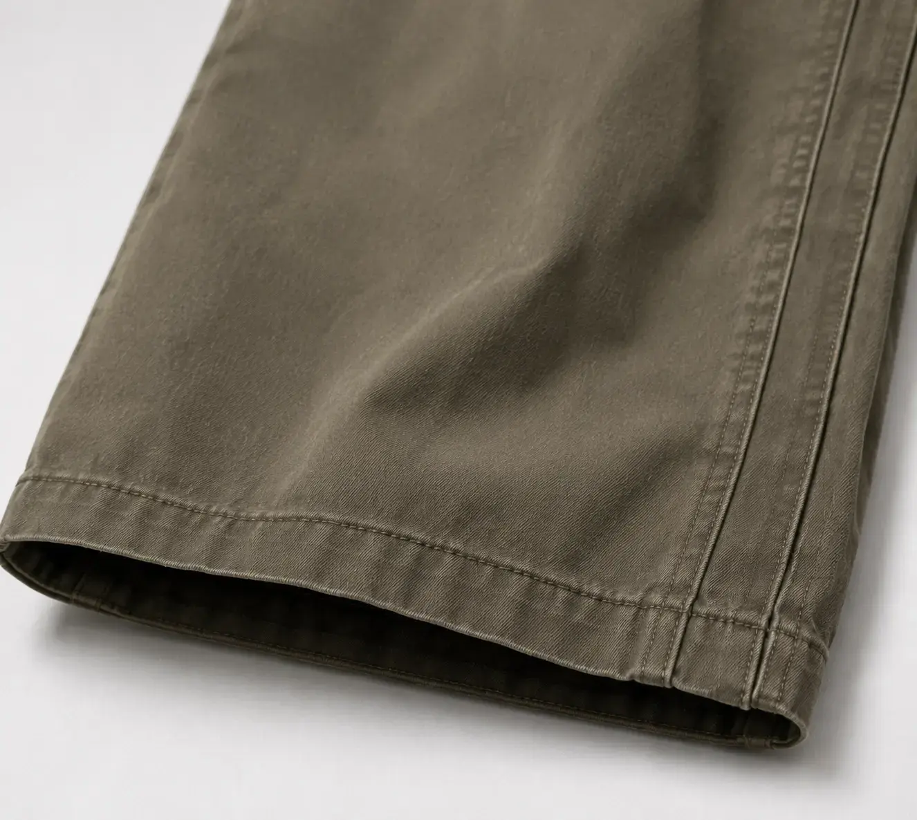 Cargo pants hem side seam and stitching detail