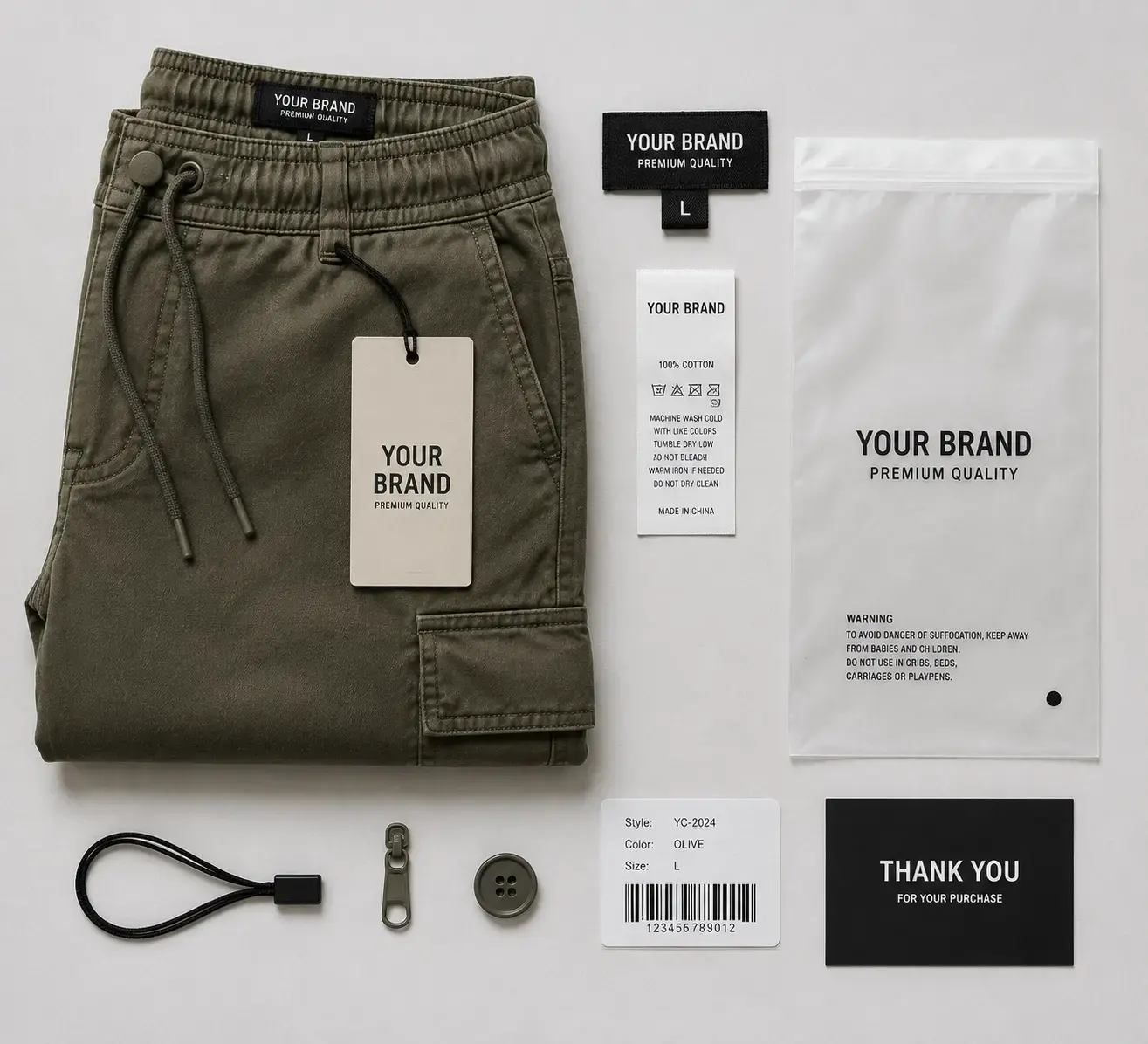 Private label cargo pants with custom tags labels and packaging