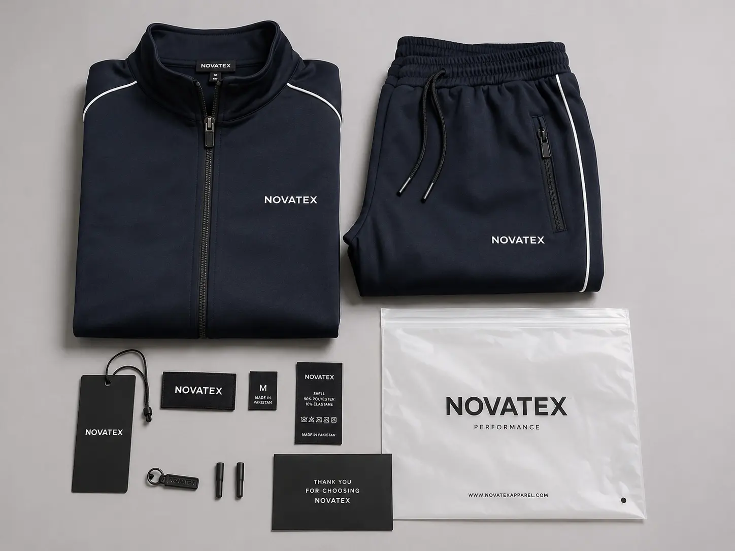 Private label zip-up tracksuit with custom labels trims and packaging
