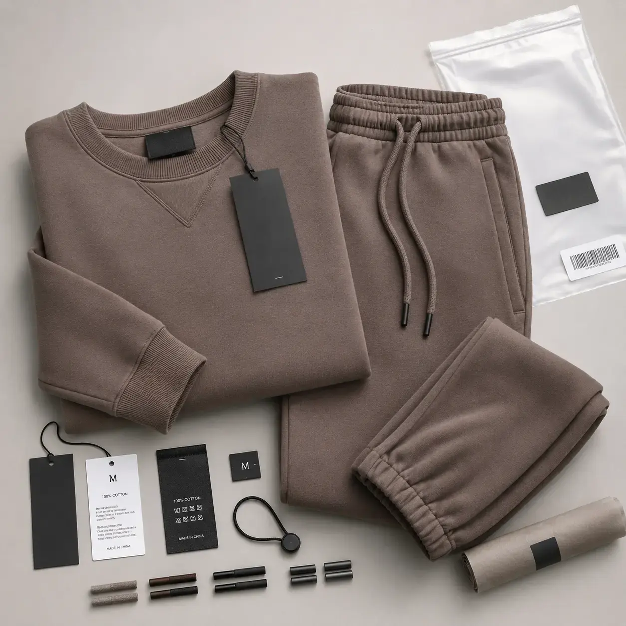 Private label sweatshirt set with labels hang tags trims and packaging
