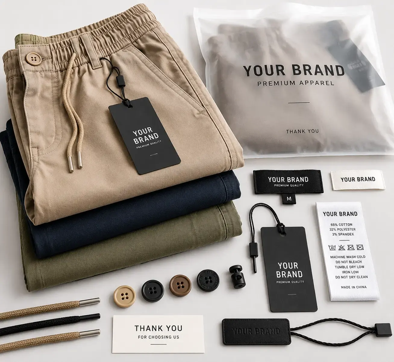 Private label casual pants with custom labels and packaging