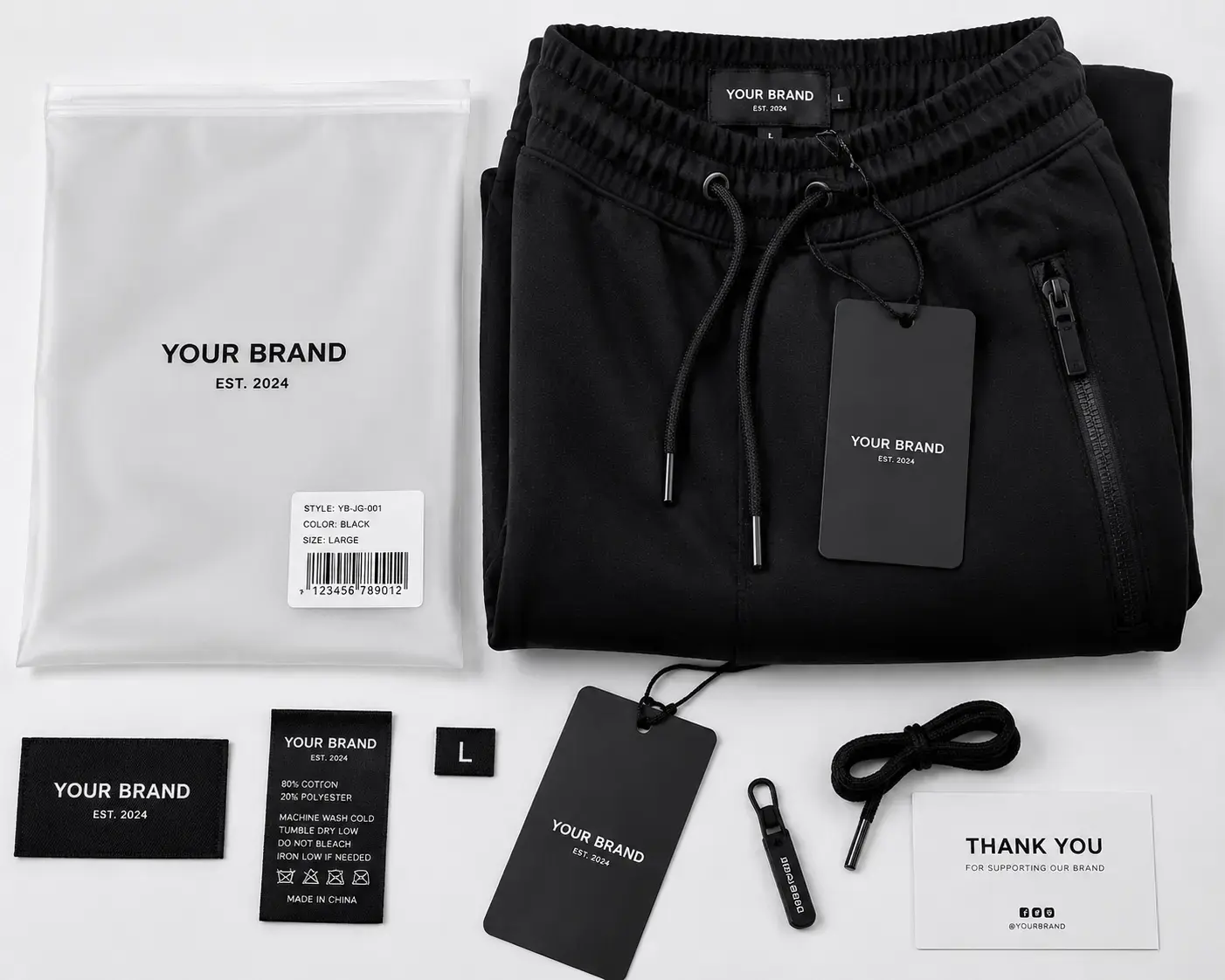 Private label jogger pants with custom labels hang tags and packaging