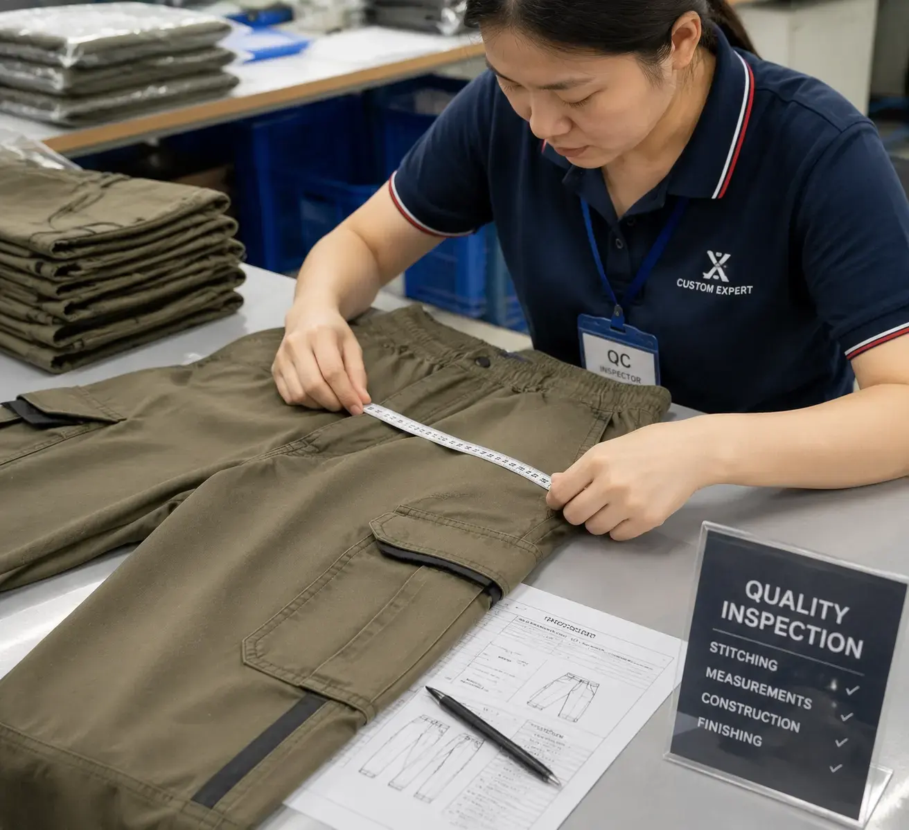 Quality control inspection for custom cargo pants production