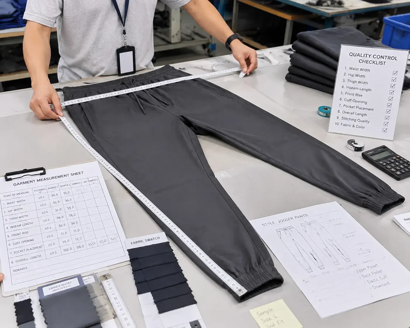 Quality control inspection for custom jogger pants production