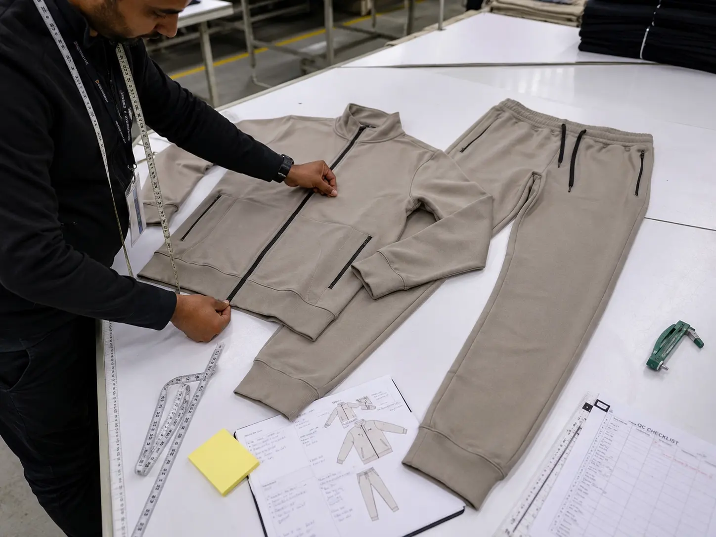 Quality control inspection for custom zip-up tracksuit production
