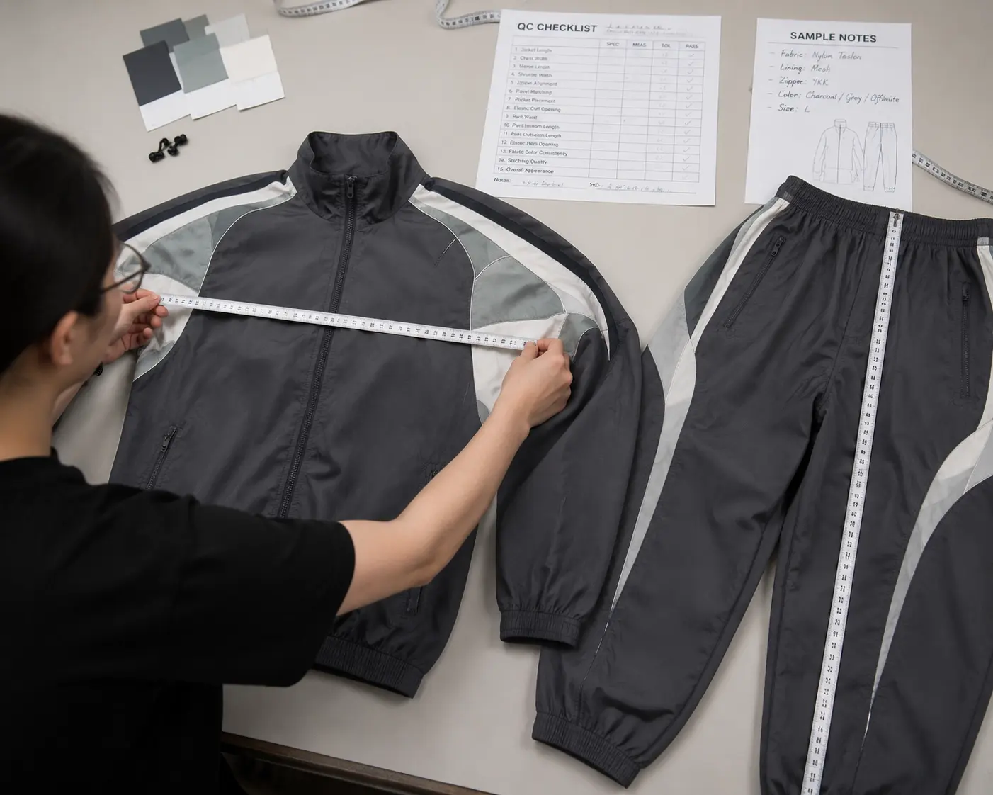 Quality control inspection for custom nylon tracksuit production