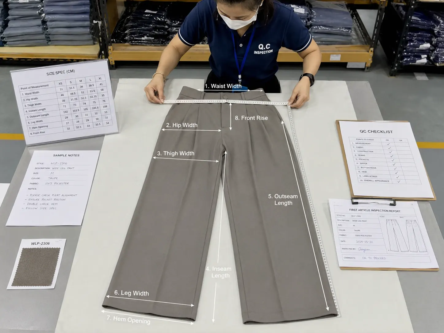 Quality control inspection for custom wide leg pants production
