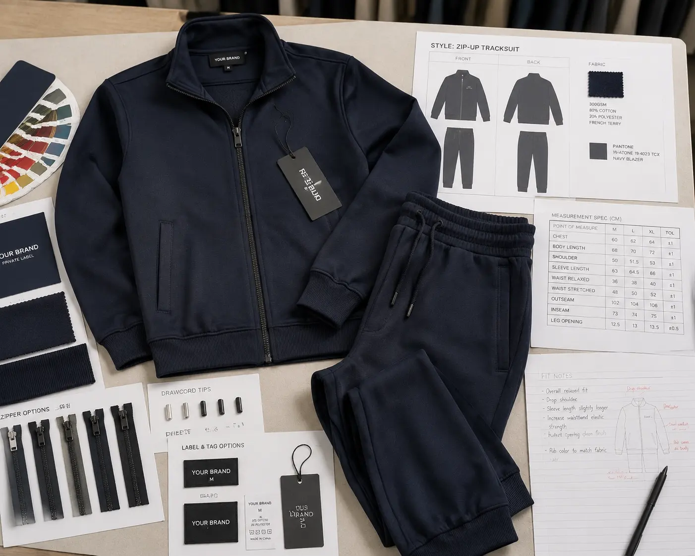 Custom zip-up tracksuit sample development with fabric swatches zipper options and measurement notes
