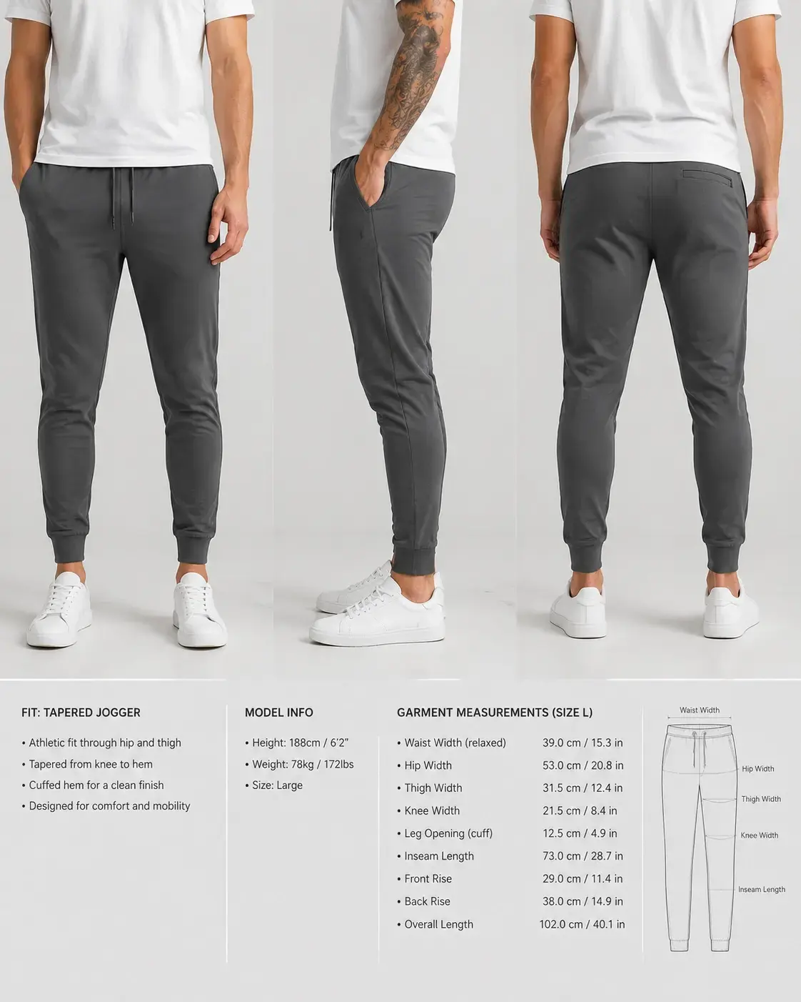 Tapered leg shape development for custom jogger pants