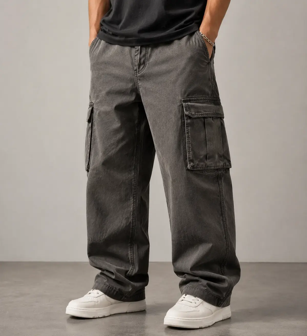 Vintage washed cargo pants with faded cotton texture