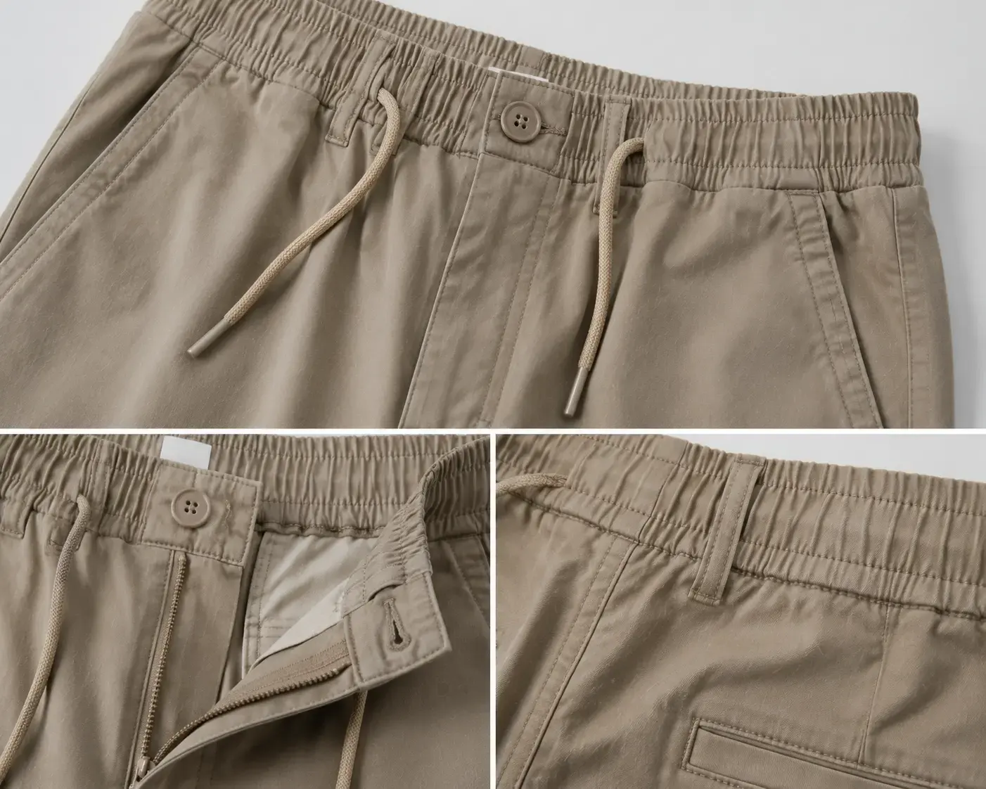 Casual pants waistband closure and button detail