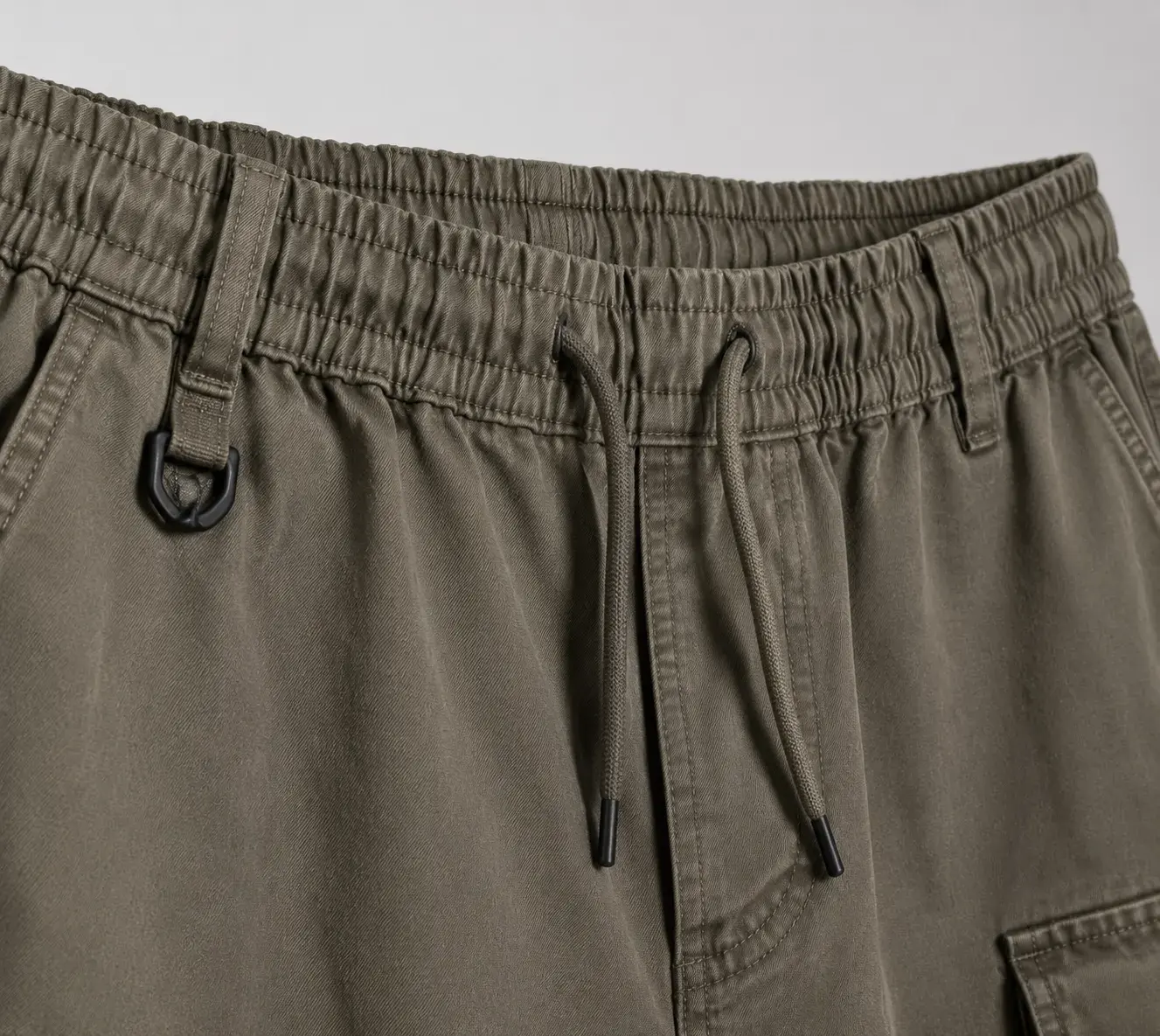 Cargo pants waistband and drawcord detail