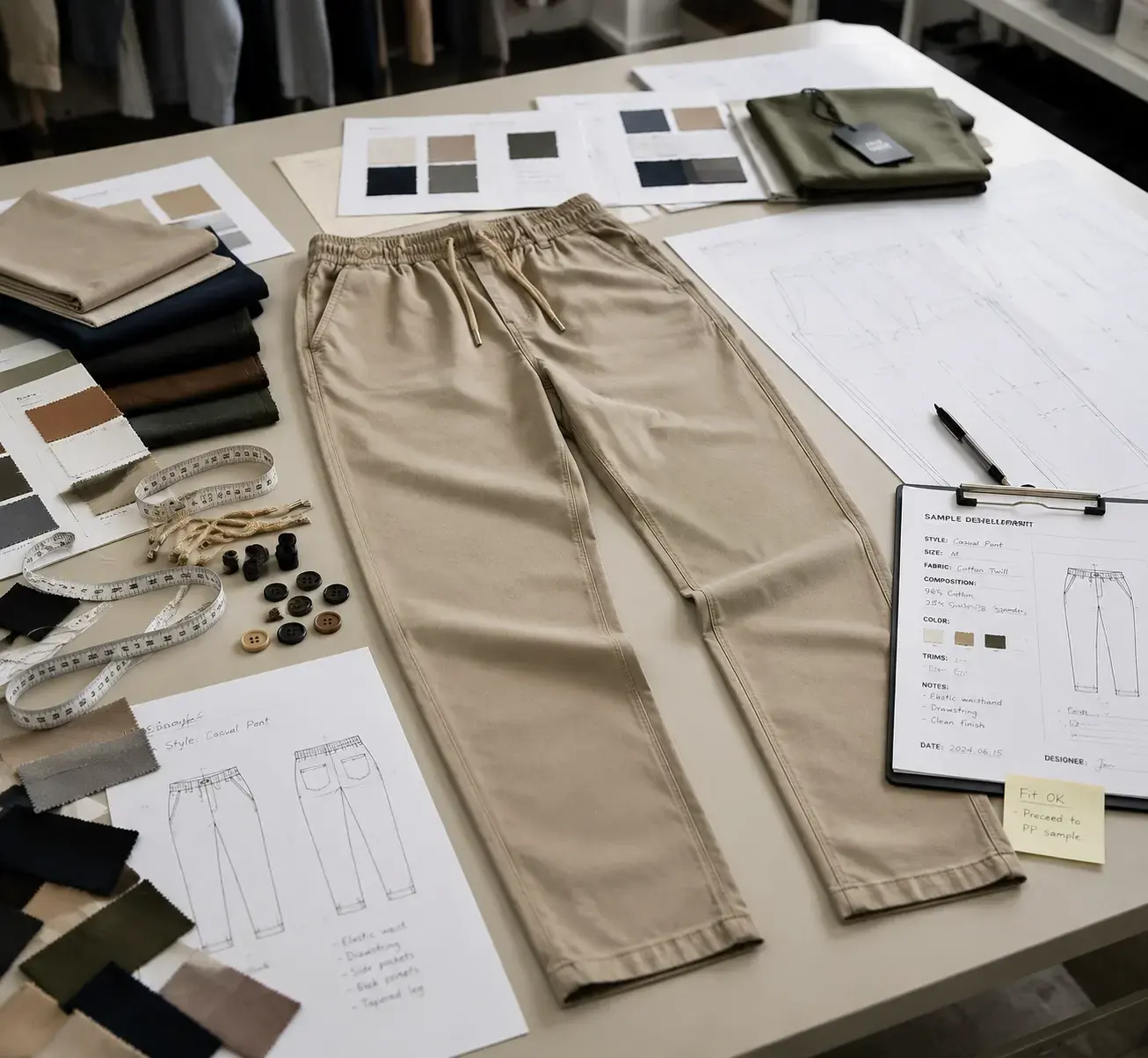 Casual pants sample development with fabric swatches and measurement notes