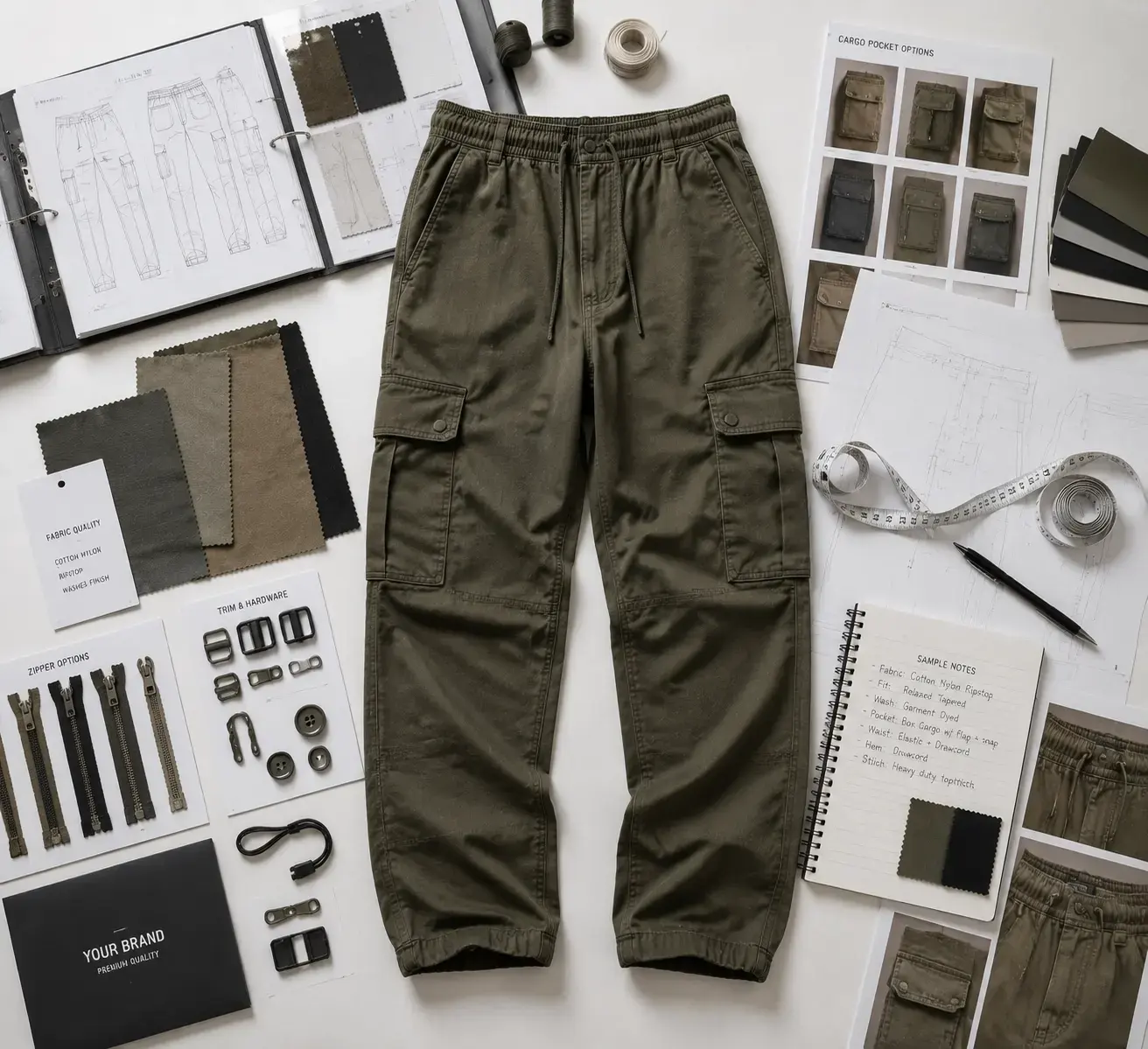 Cargo pants sample development with fabric swatches trims and measurement notes