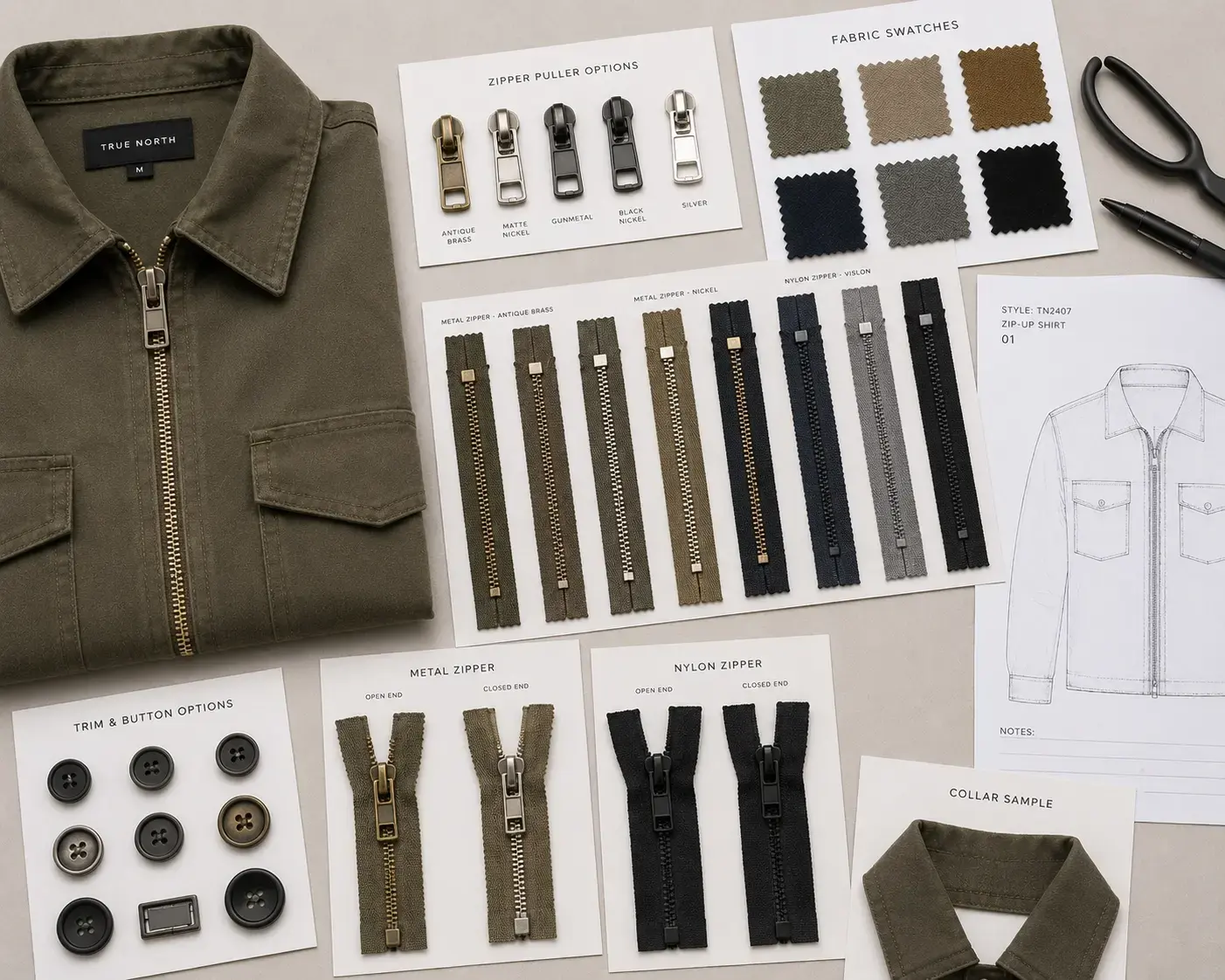 Zipper trim options for custom zip-up shirts