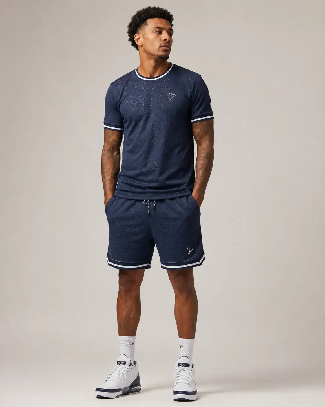 Mesh short set for sportswear and basketball inspired streetwear