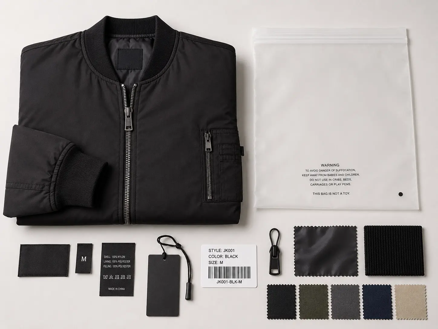 Private label bomber jacket with custom labels and packaging