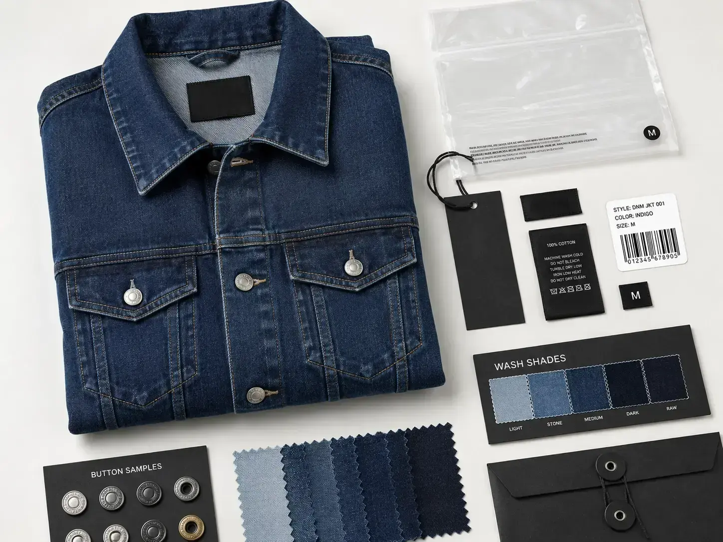 Private label custom denim jackets with labels tags and packaging