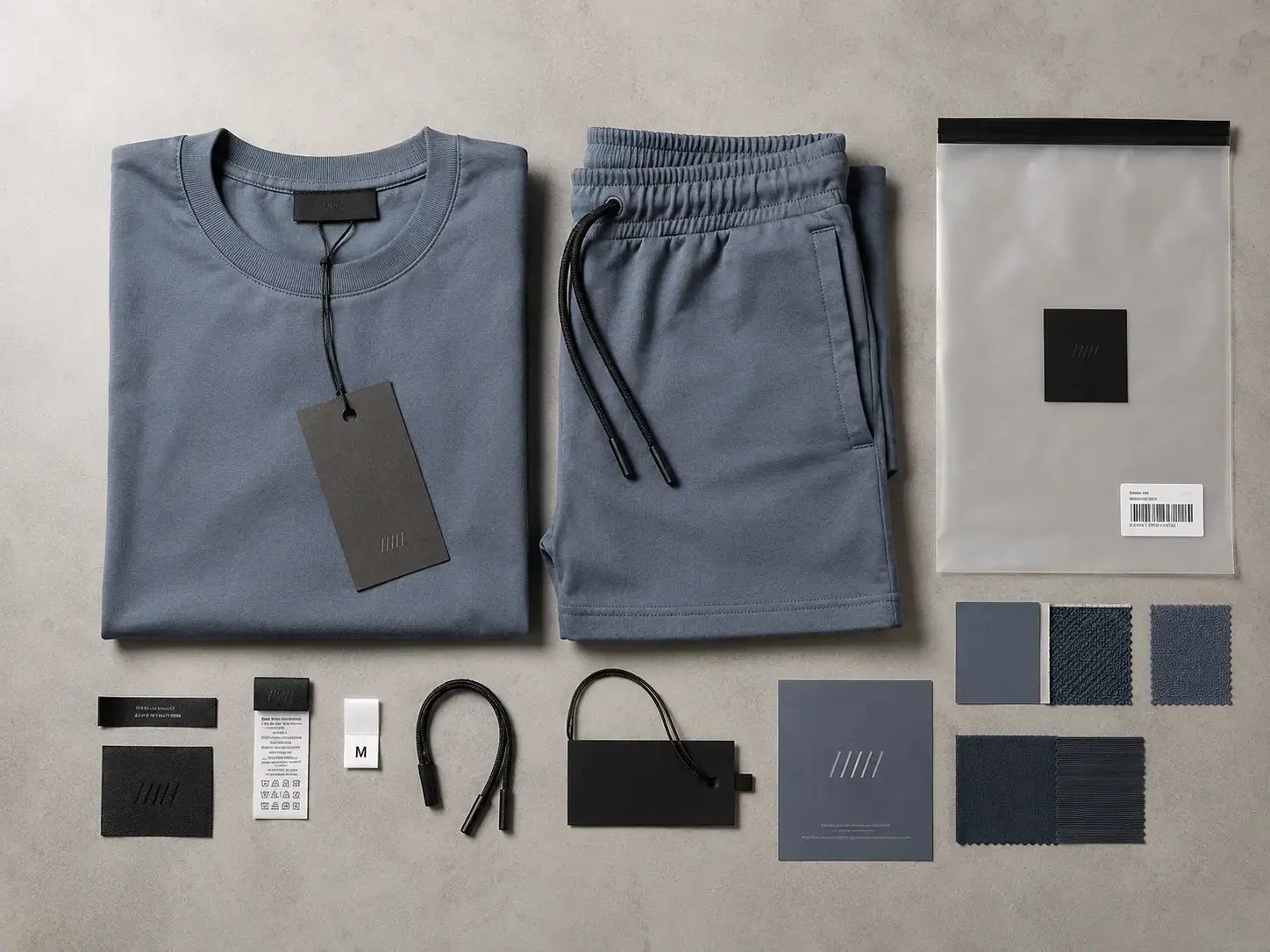 Private label custom short set with labels trims and packaging