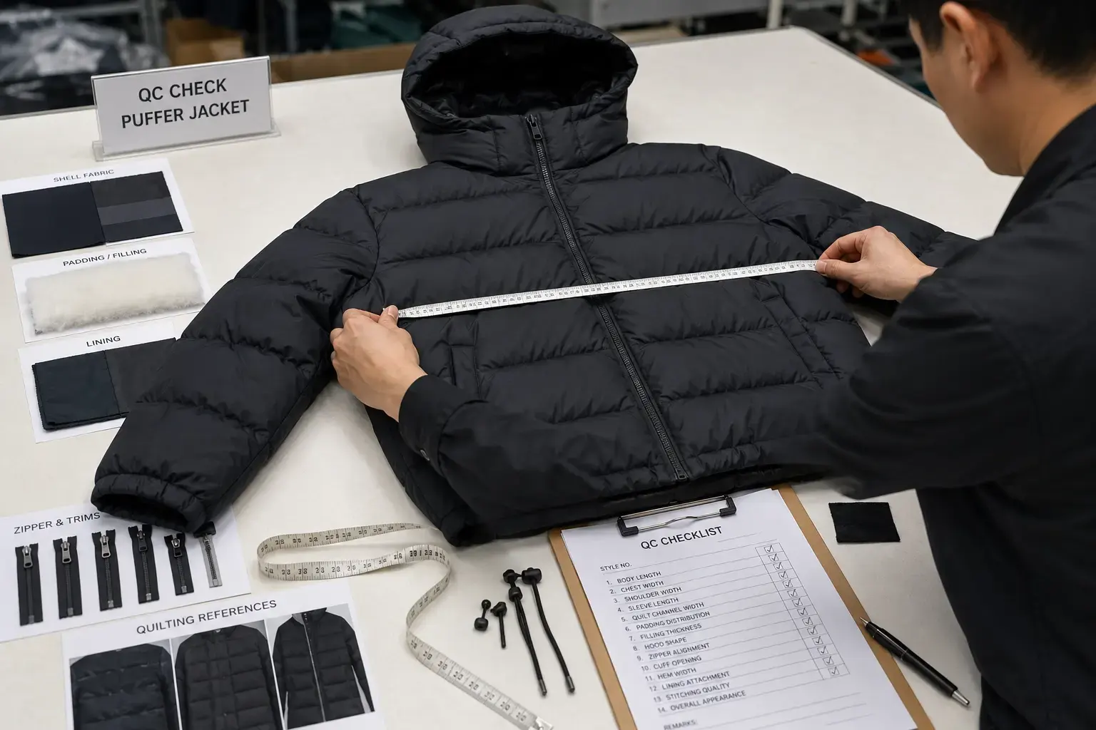 Quality control inspection for custom puffer jacket production