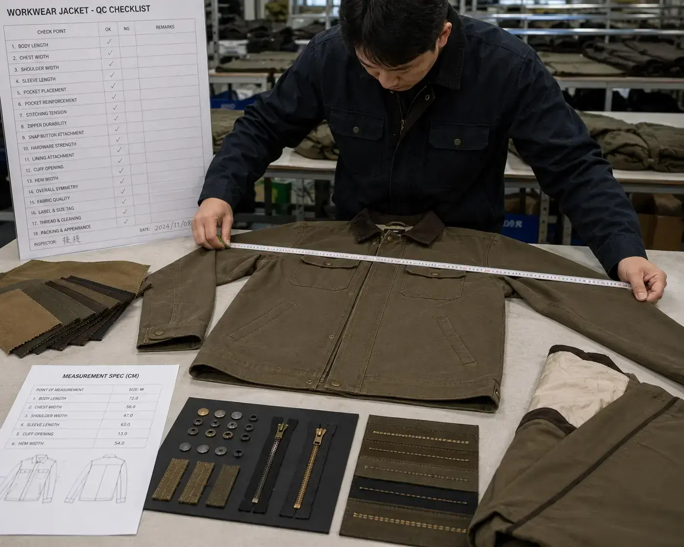 Quality control inspection for custom workwear jacket production