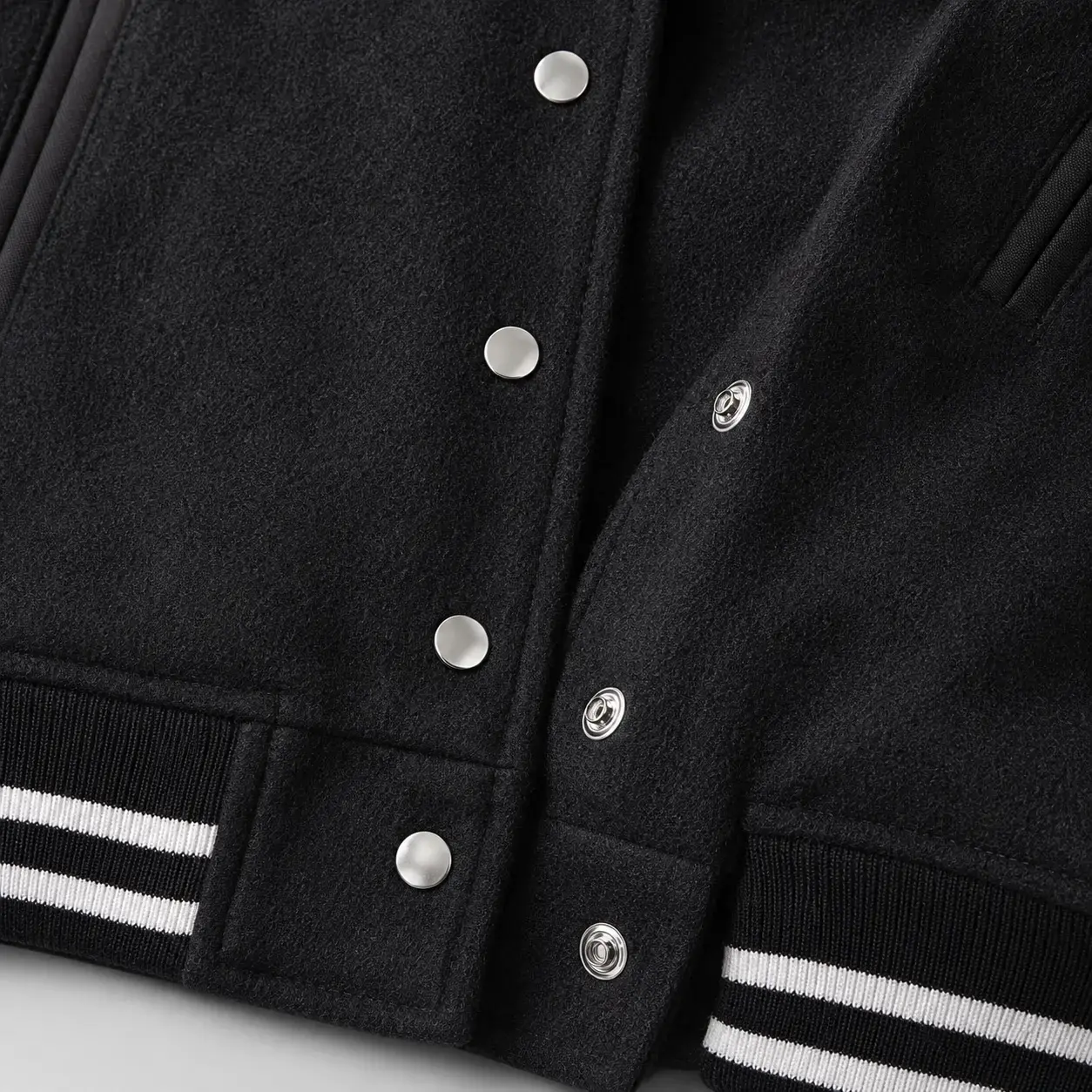 Snap button front placket for custom varsity jackets