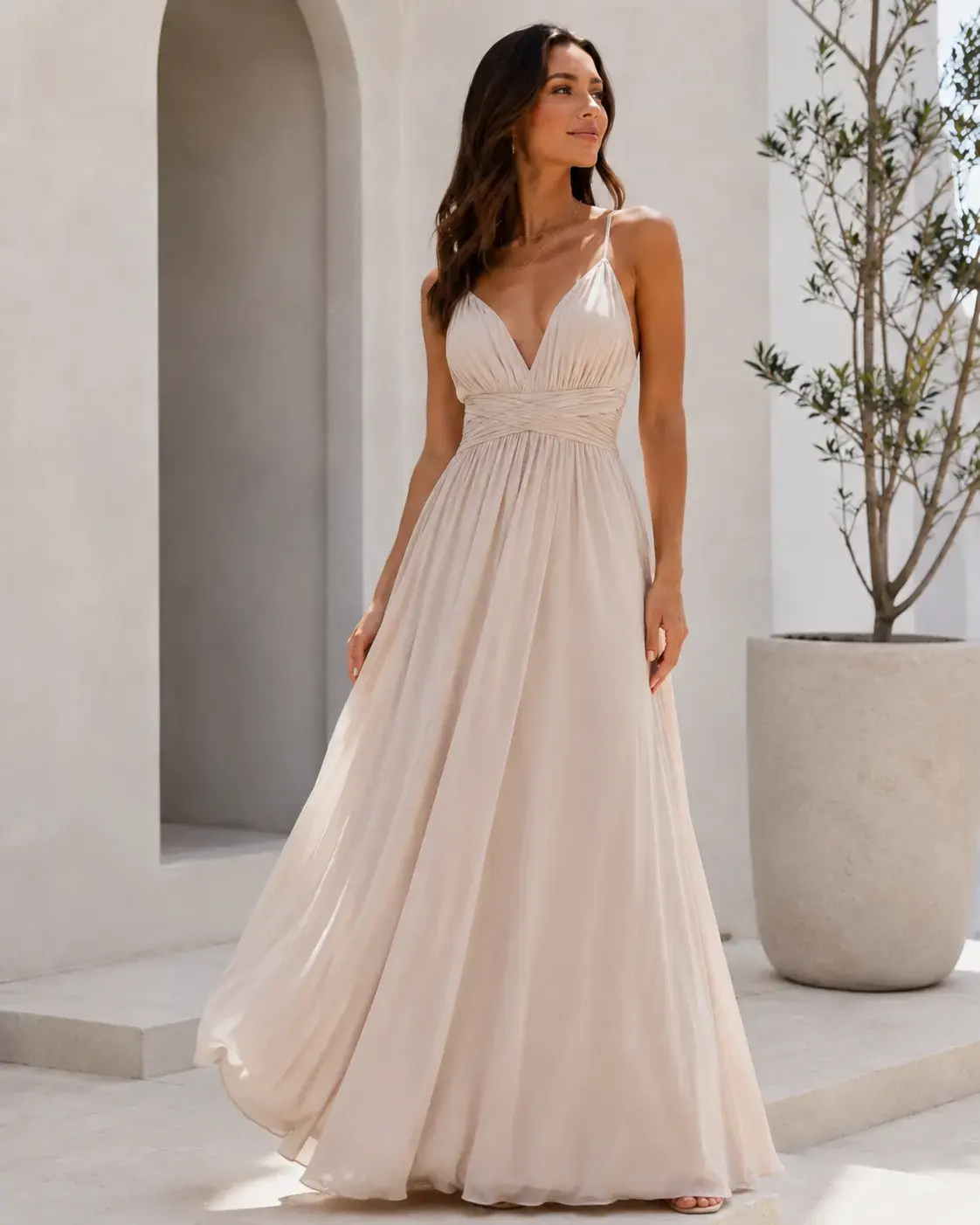 Custom A-line maxi dress with balanced full-length silhouette