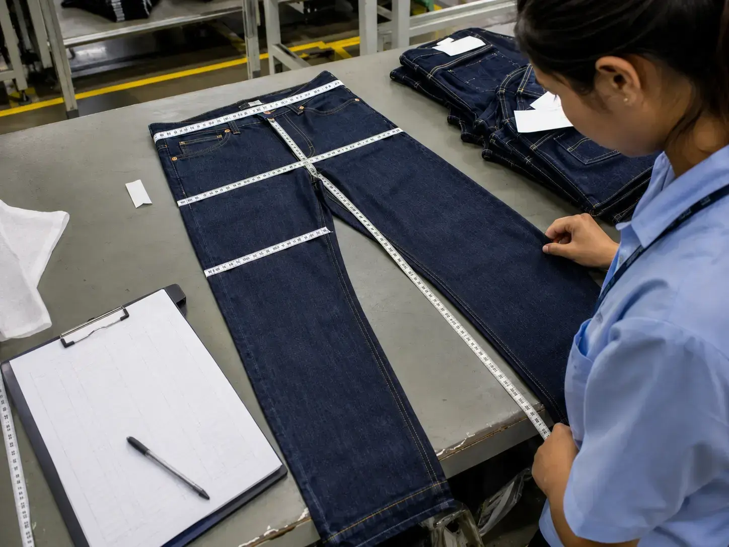 Quality control inspection for custom denim jeans production