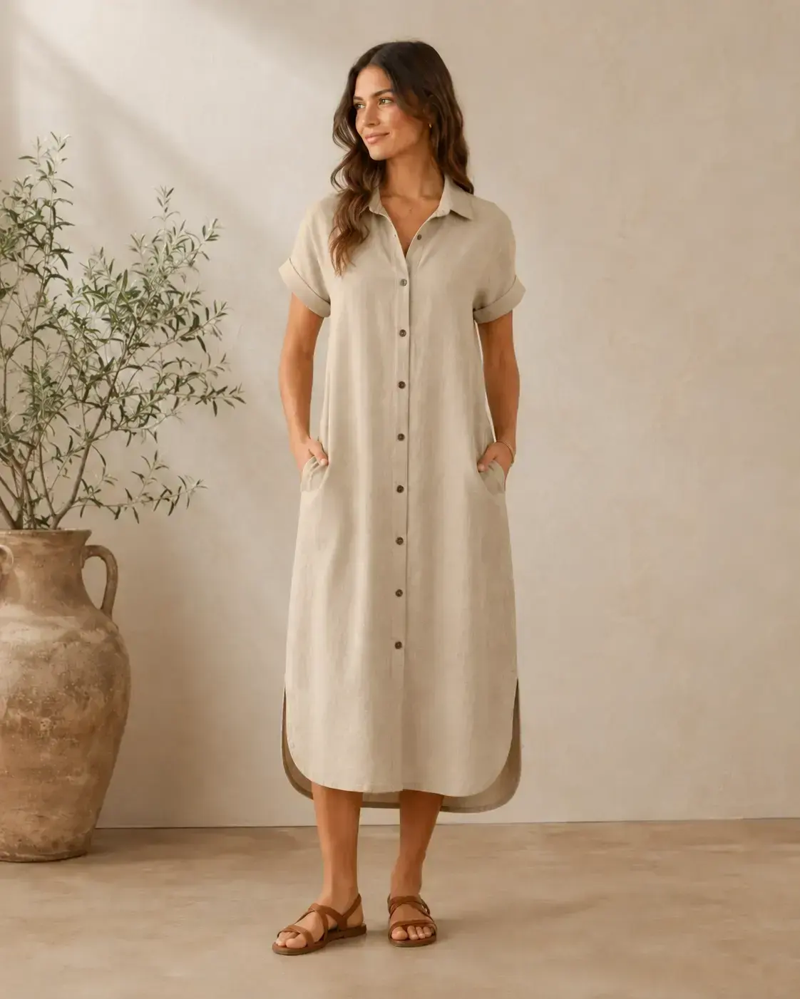 Custom casual shirt dress with button front and pockets