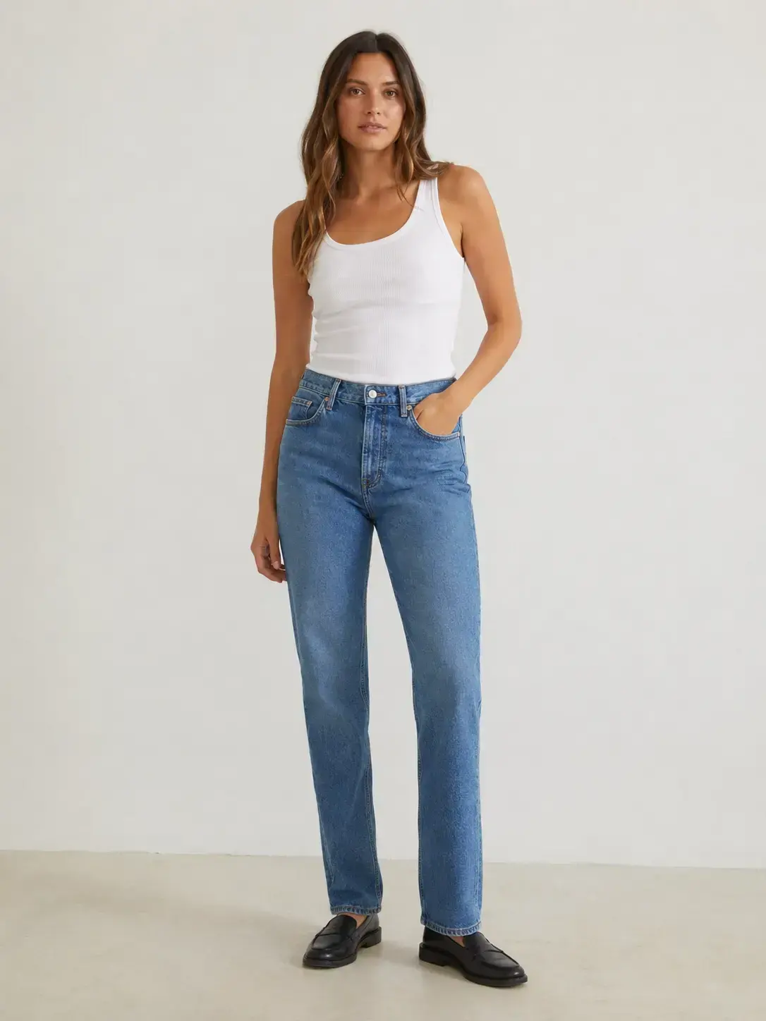 Custom straight leg denim jeans with balanced fit